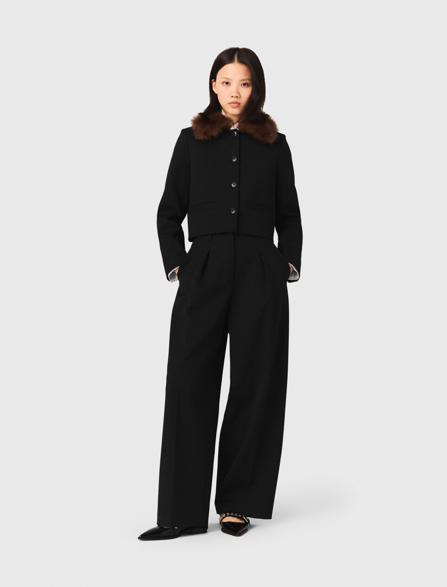 Veste Courte À Col Amovible - Noir - Taille 36 - Maje