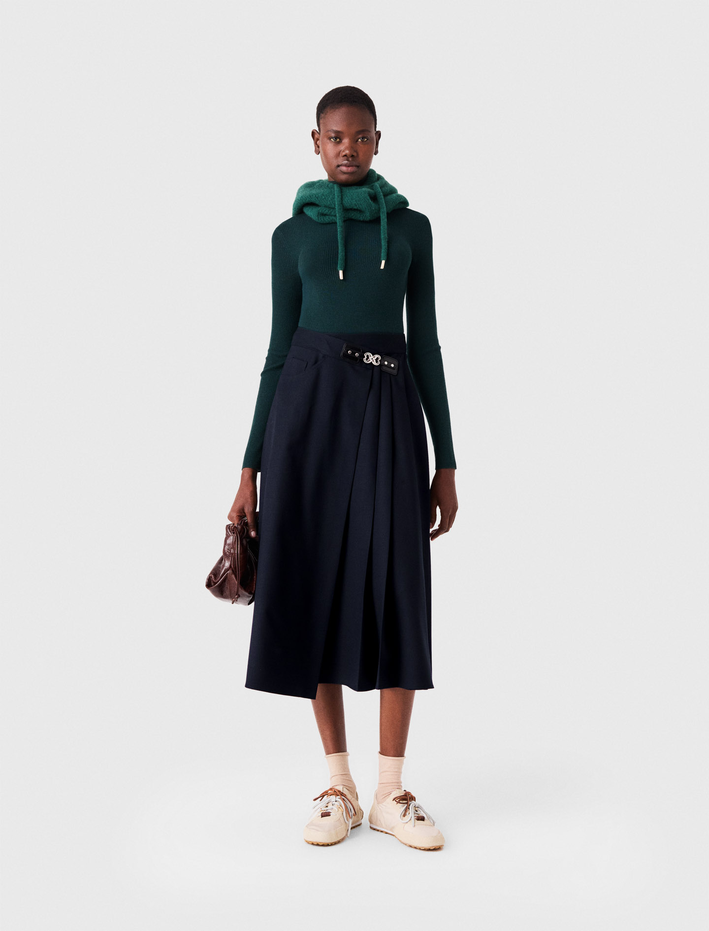 Jupe Longue Plissée Avec Boucle - Bleu Marine - Taille 36 - Maje