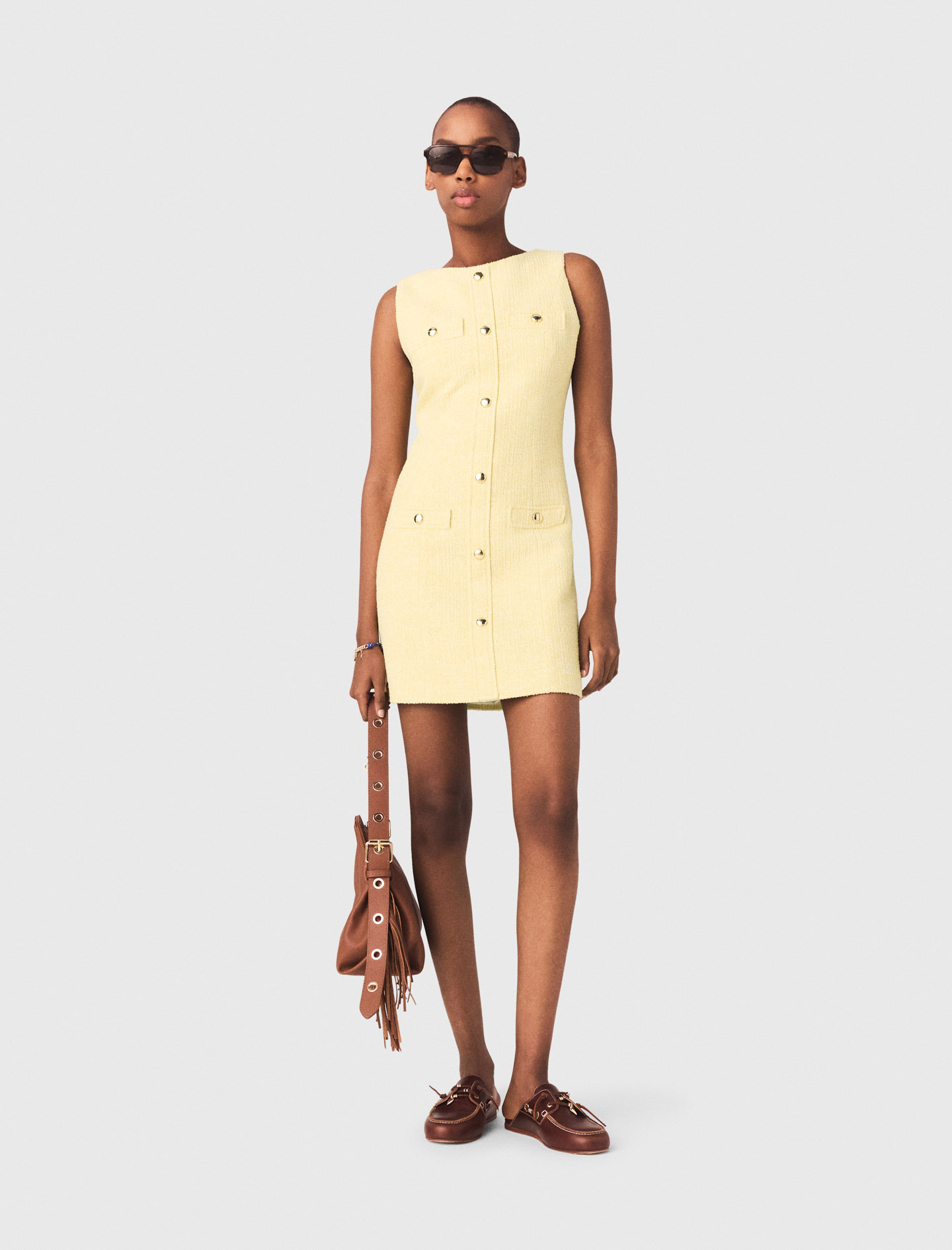 Robe Courte En Tweed - Jaune - Taille 36 - Maje