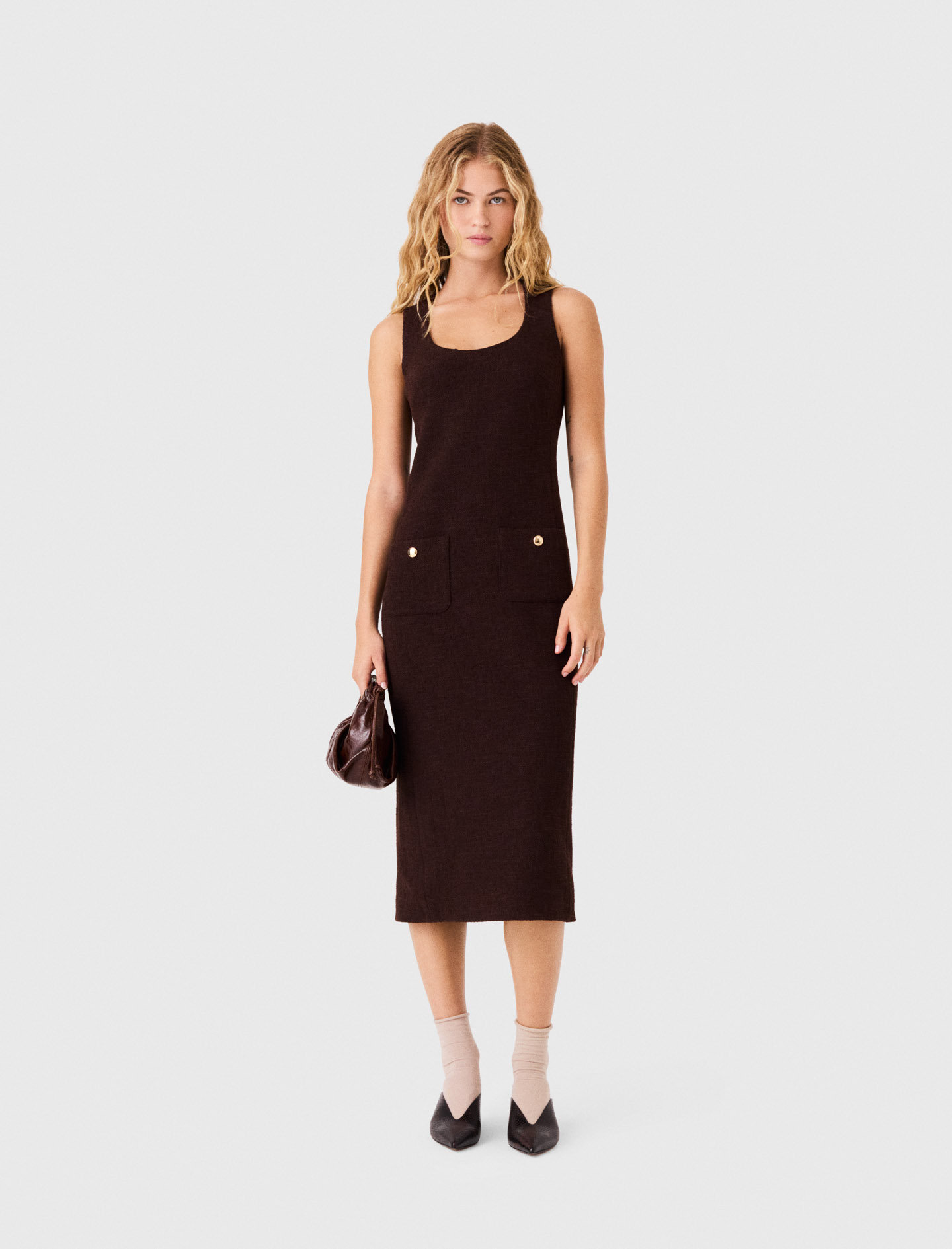 Robe Midi En Tweed - Marron Fonce - Taille 40 - Maje