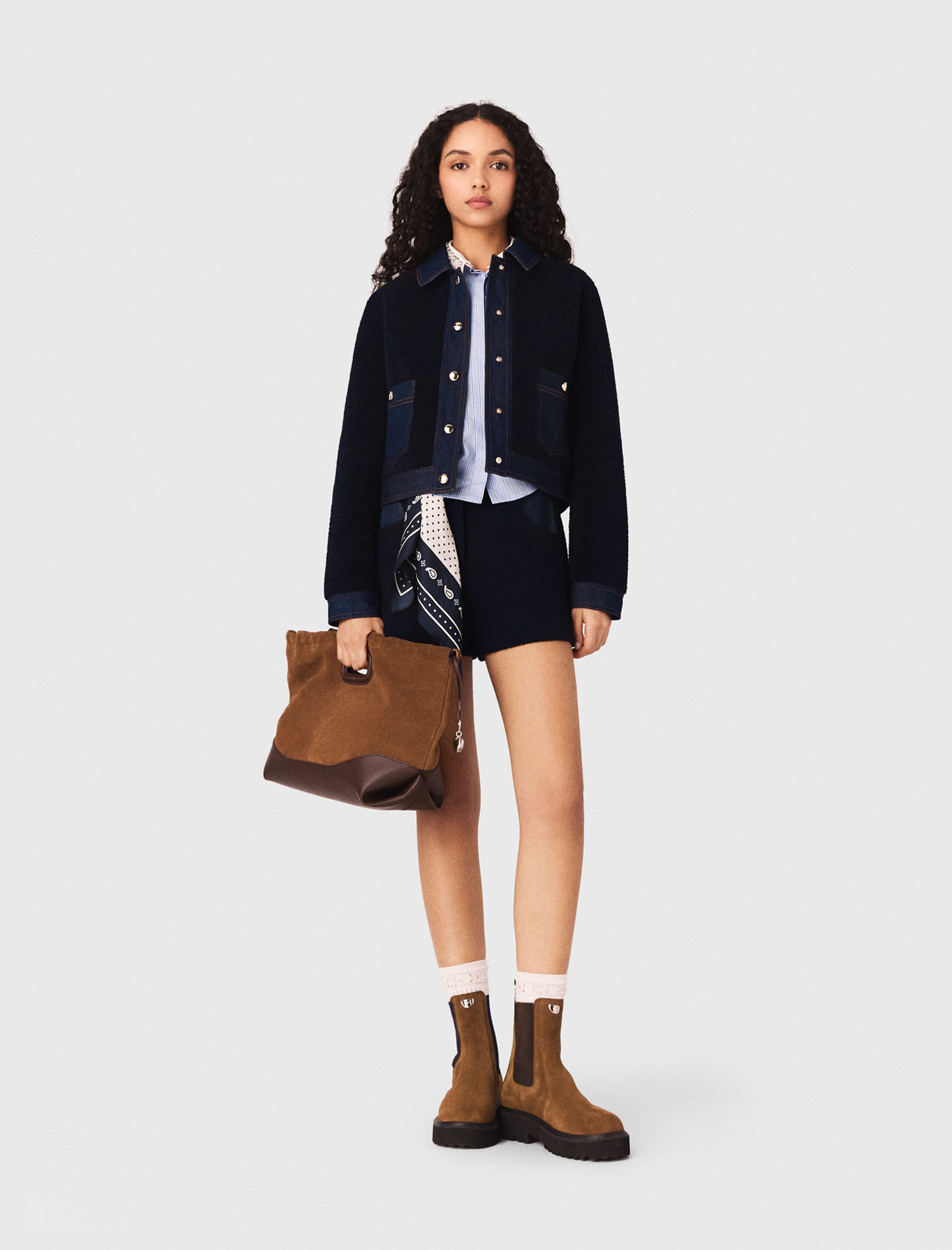 Blouson Bouclette Et Détails Denim - Bleu Marine - Taille 34 - Maje