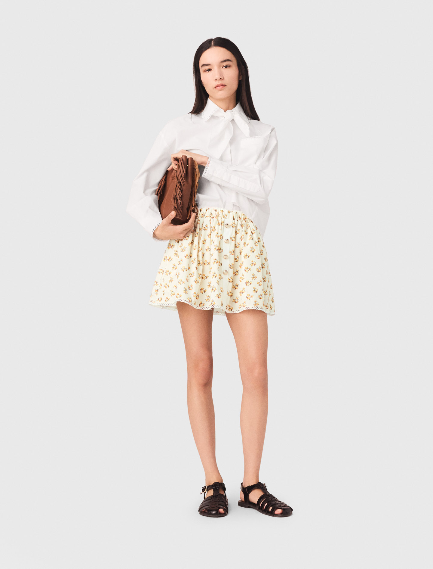 Jupe Imprimée Et Galon Croquet - Jaune Petites Fleurs Print - Taille 36 - Maje