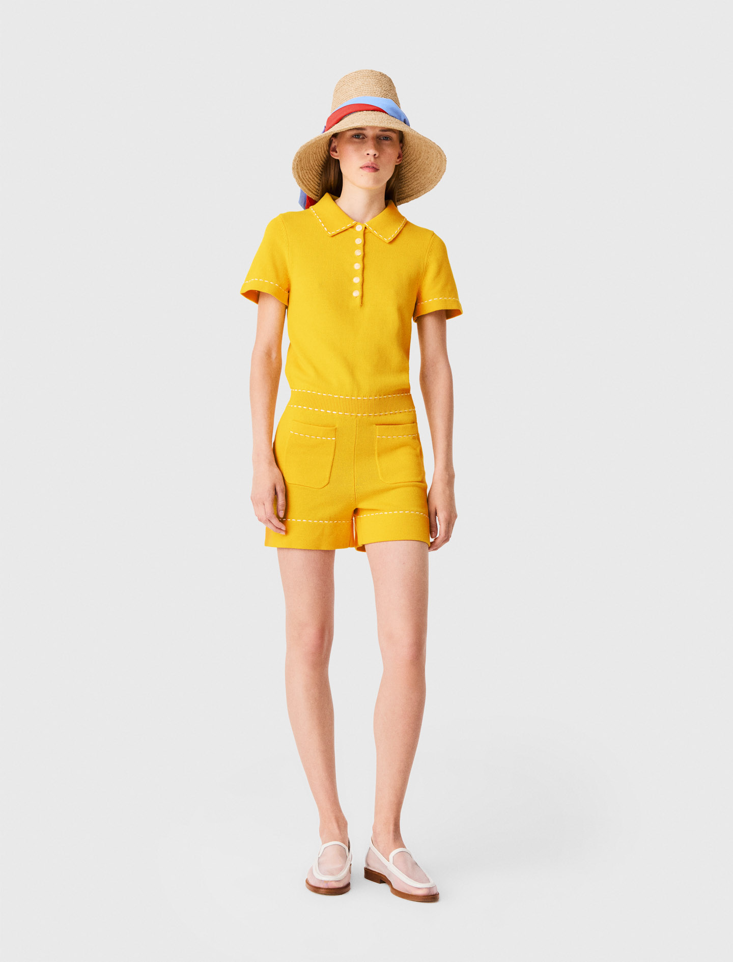 Combishort En Maille Avec Col Polo - Jaune - Taille 38 - Maje