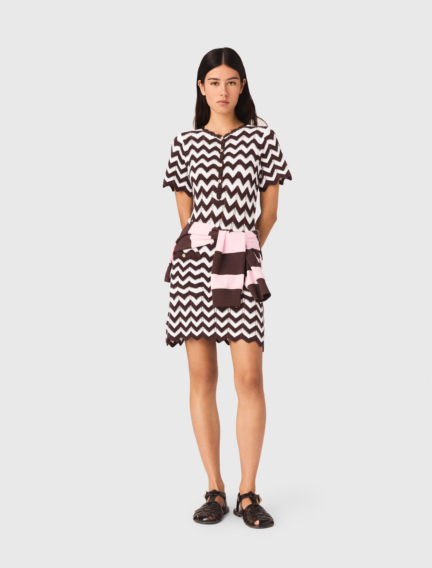 Robe En Crochet À Motif Zigzag - Marron/blanc - Taille 34 - Maje