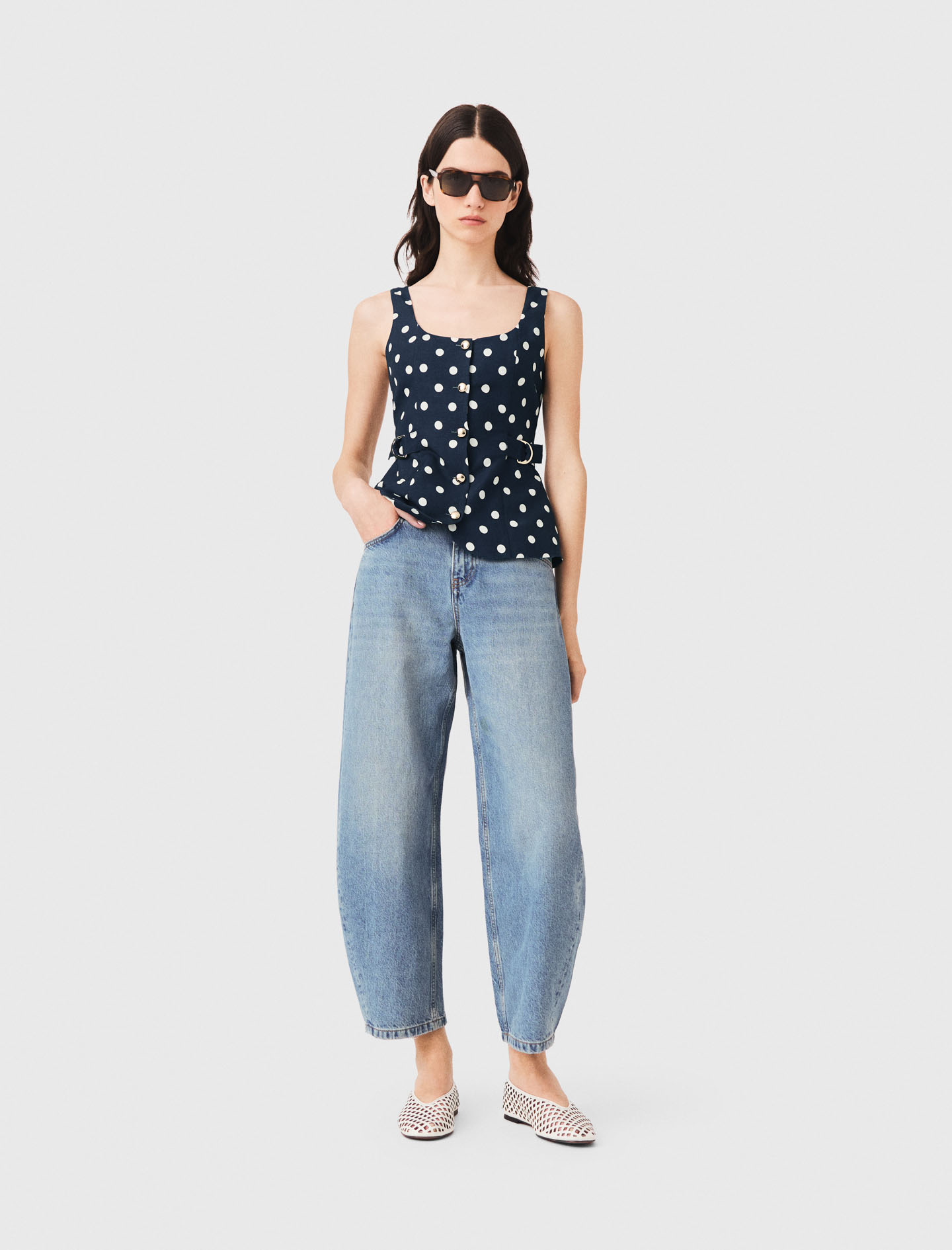 Veston Long En Lin Mélangé - Marine Pois Print - Taille 1 - Maje