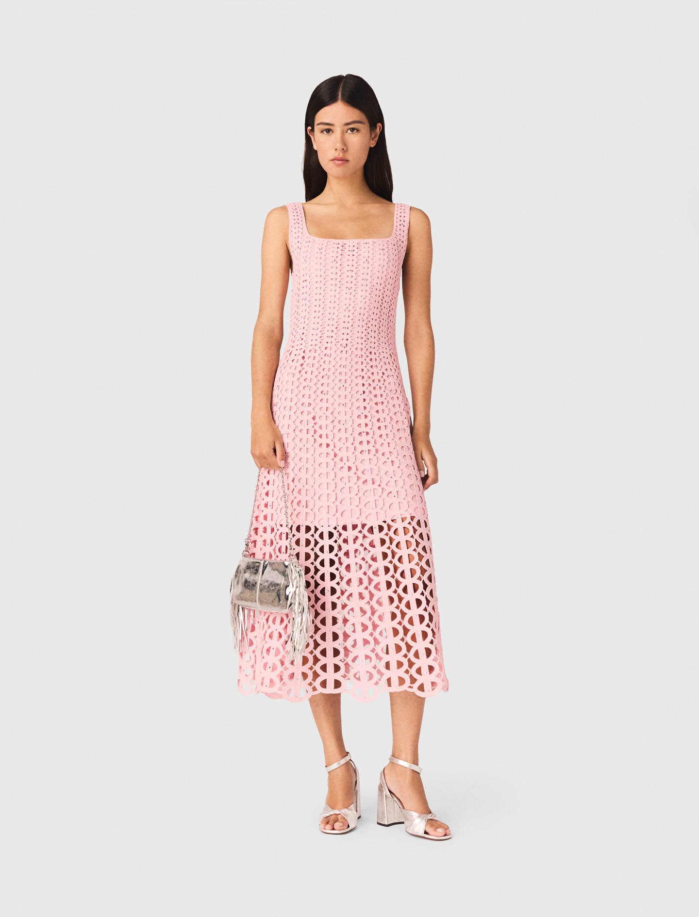Robe Midi En Crochet Strassé - Rose - Taille 34 - Maje
