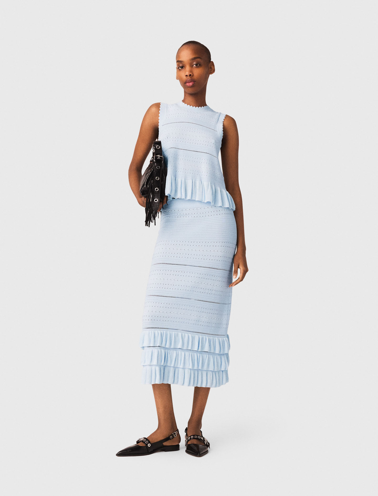 Jupe Longue En Maille Avec Volants - Bleu - Taille 36 - Maje