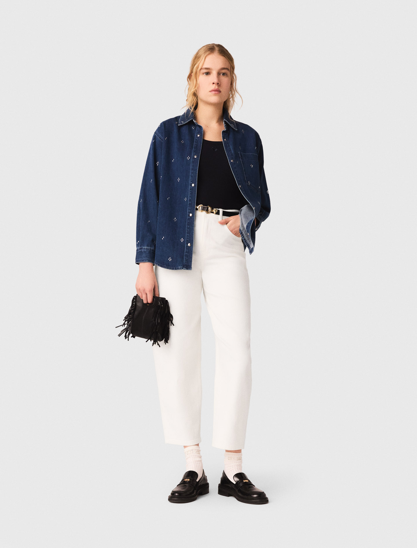 Chemise En Denim Strassé - Bleu - Taille 3 - Maje