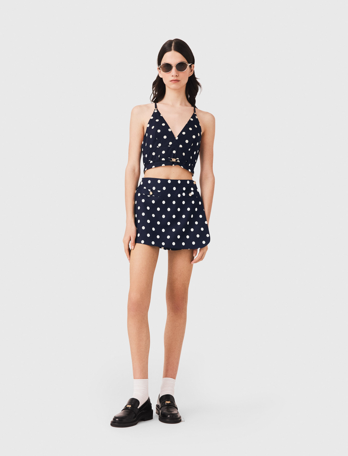 Short Trompe L'Œil En Lin Mélangé - Marine Pois Print - Taille 36 - Maje