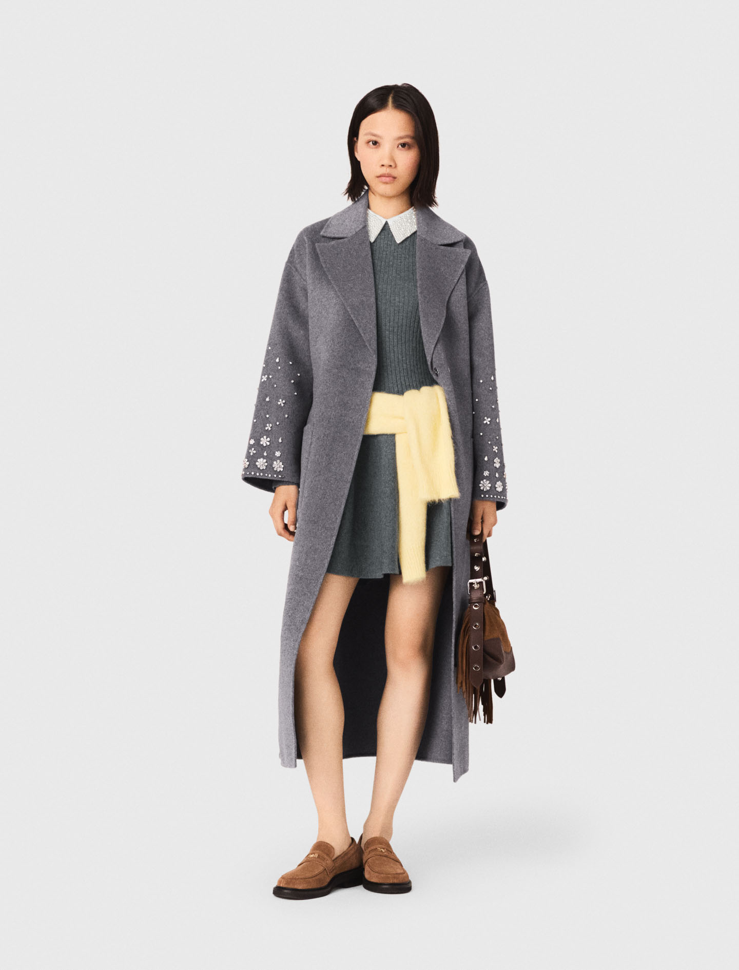 Manteau Long Double Face Et Strass - Gris - Taille 38 - Maje
