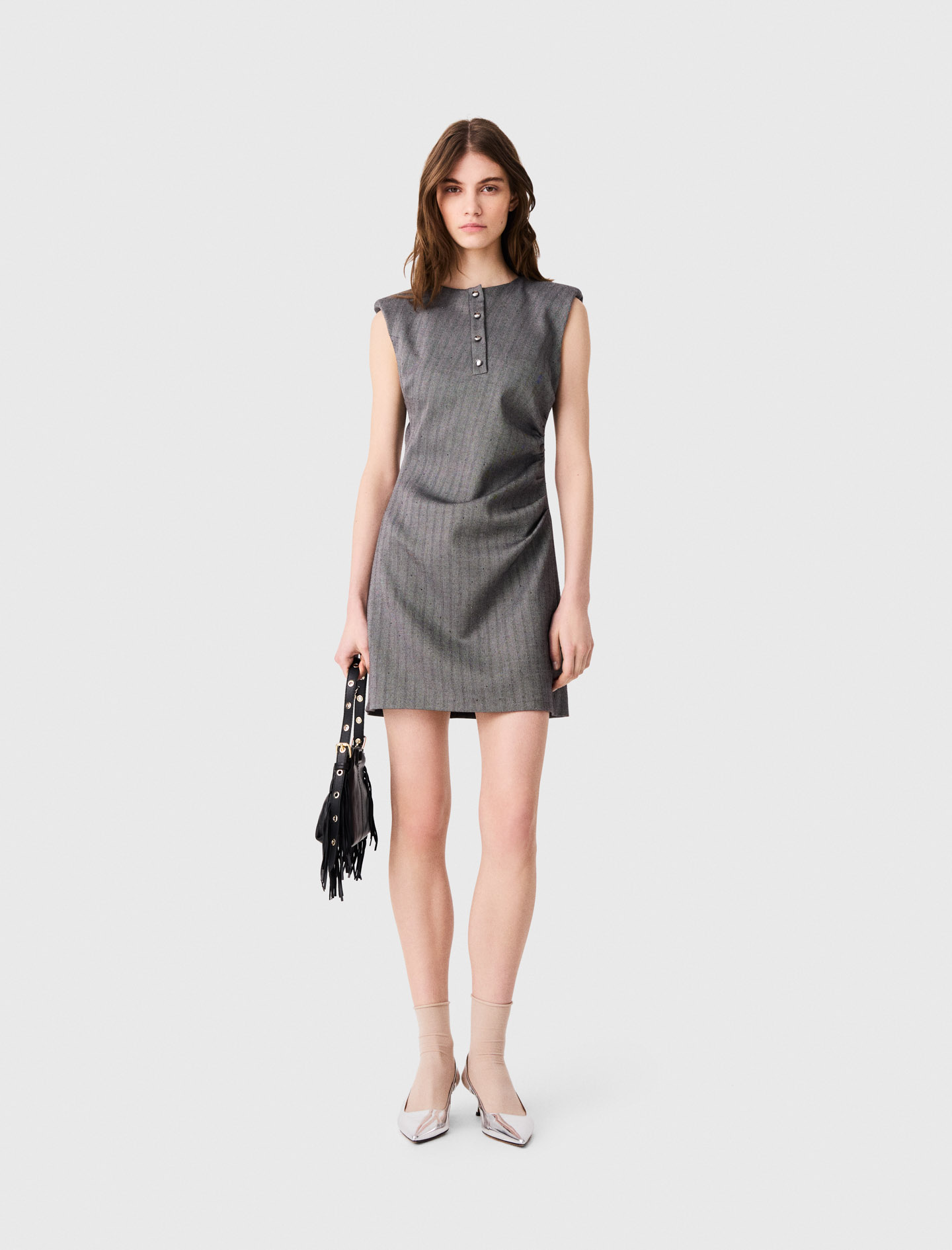 Robe Tailleur Courte Strassée - Gris - Taille 34 - Maje