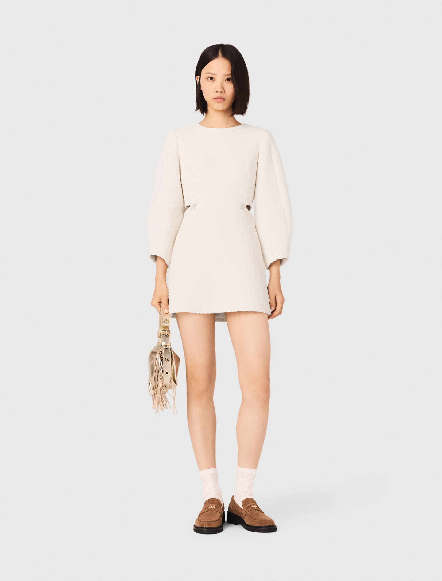 Robe Courte En Tweed Manches Ballon - Blanc - Taille 42 - Maje