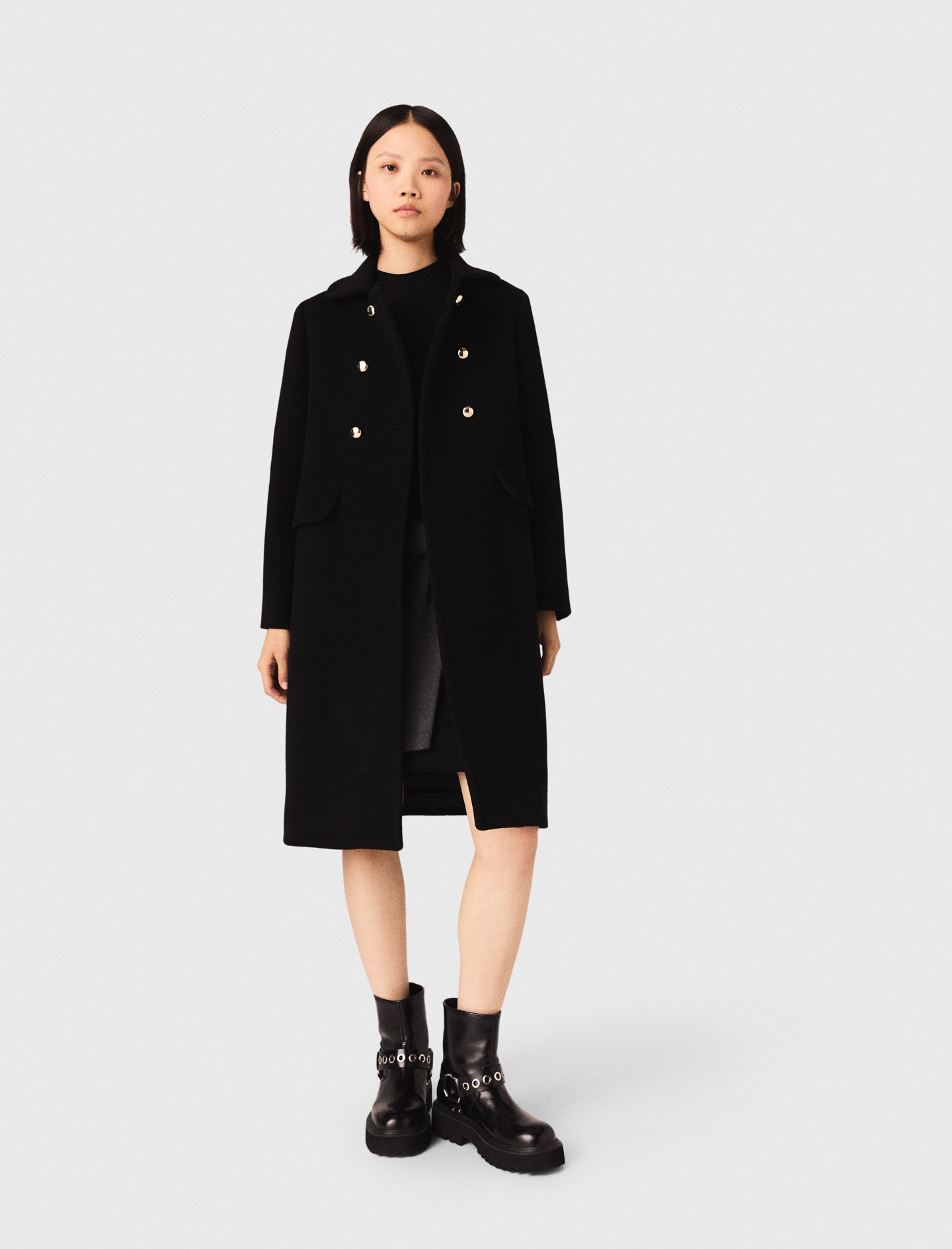 Manteau Long En Laine Melangée - Noir - Taille 34 - Maje