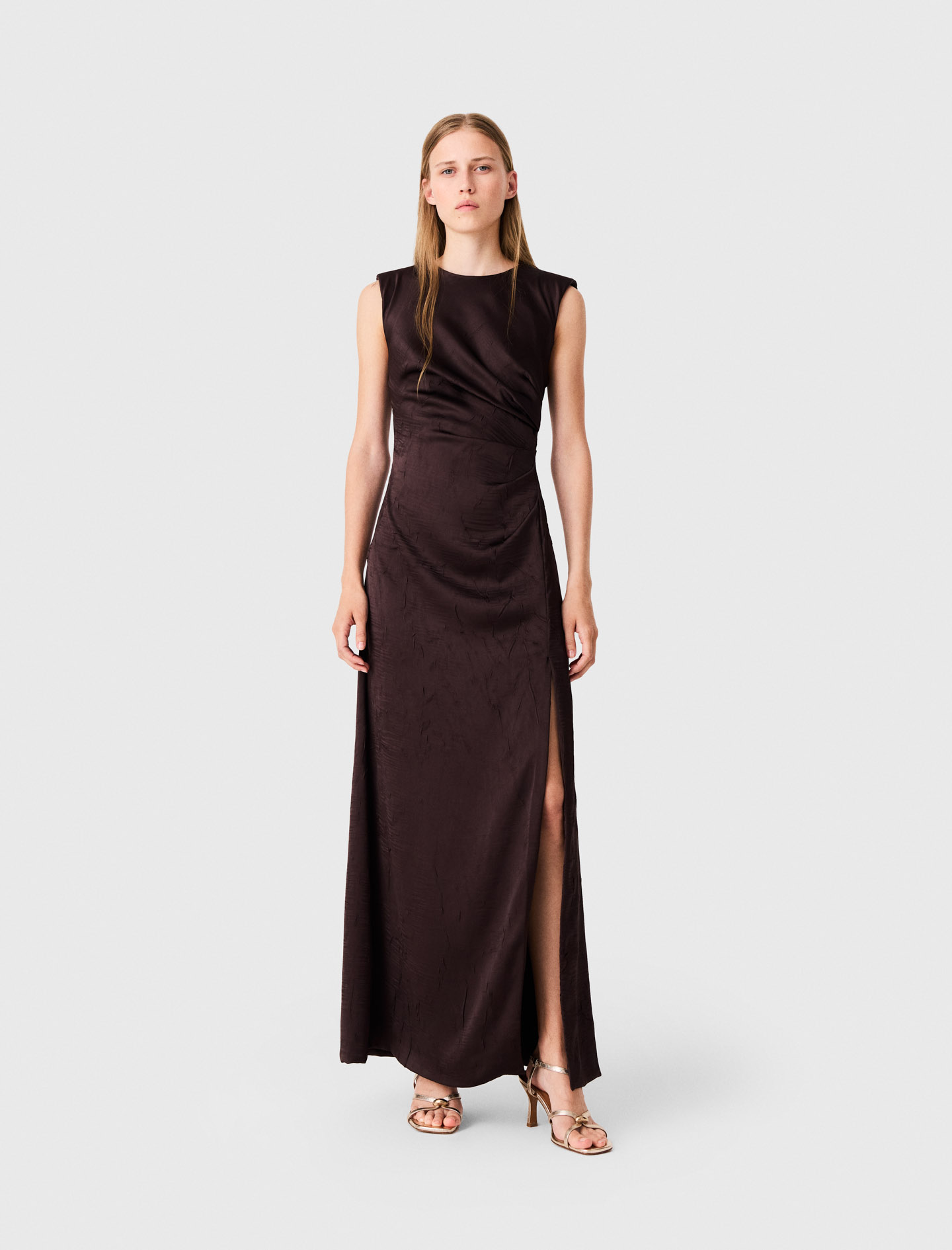 Robe Longue Effet Satin Drapée - Marron - Taille 40 - Maje