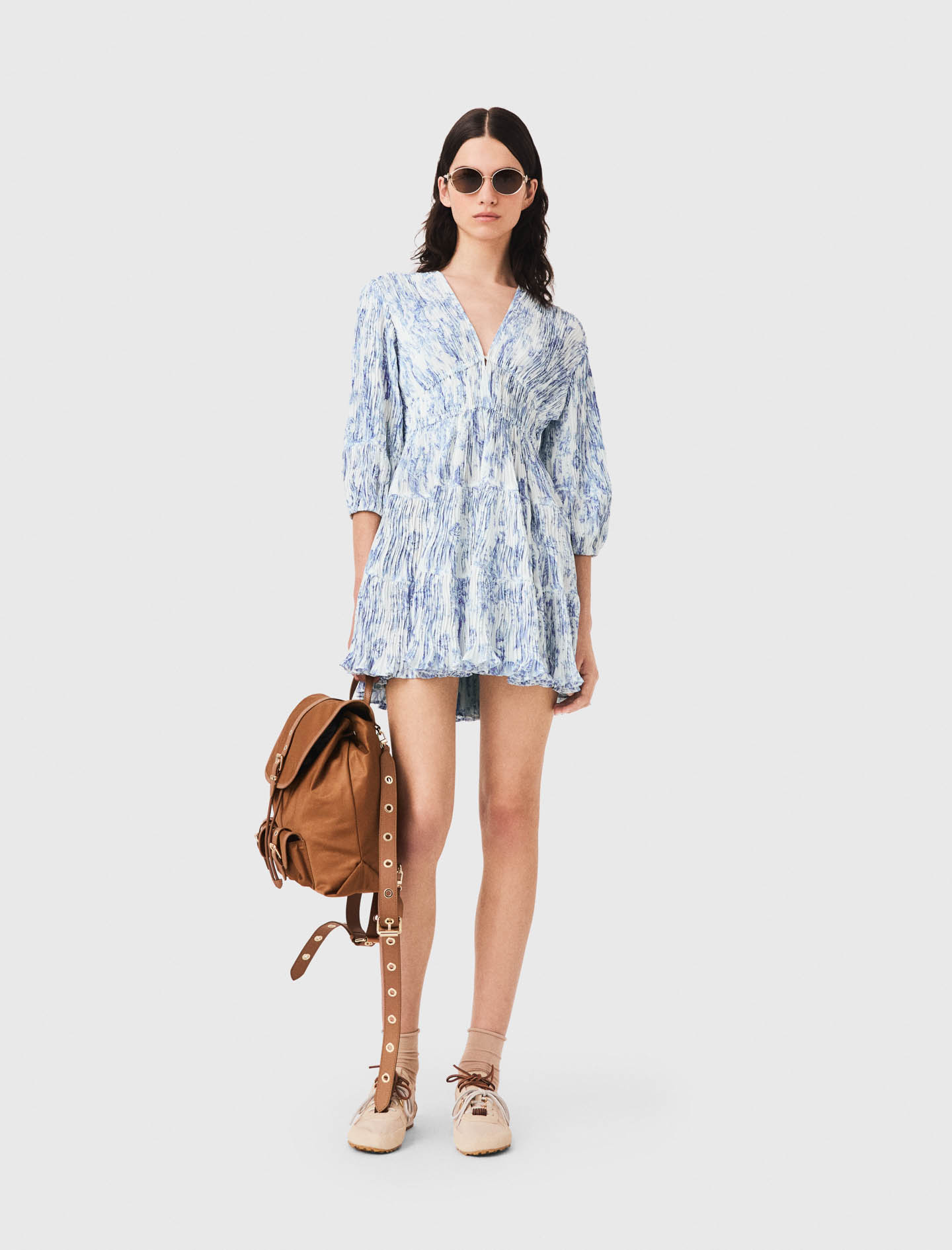 Robe Plissée Imprimée - Bleu Ciel Grosses Fleurs Print - Taille 36 - Maje
