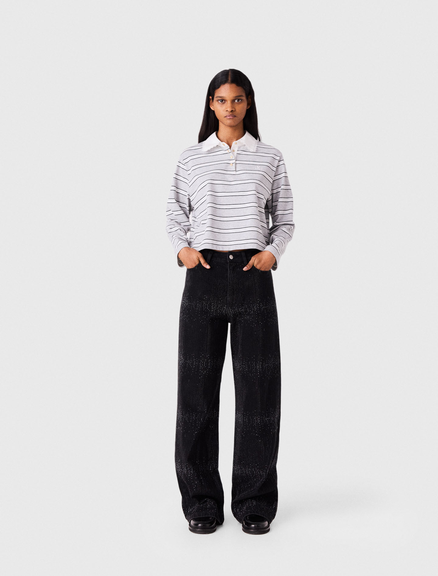 Jean Large Strassé - Noir - Taille 40 - Maje