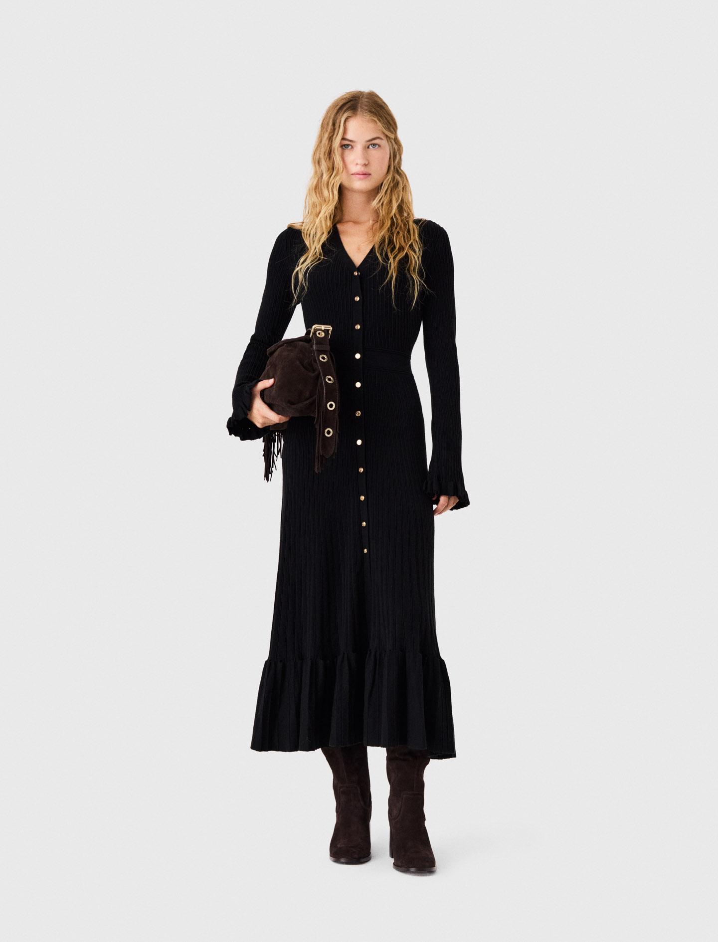 Robe Longue En Maille À Volants - Noir - Taille 40 - Maje