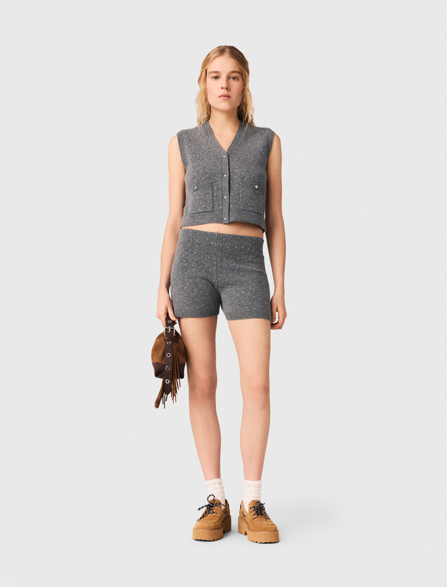 Top En Maille À Strass - Gris - Taille 3 - Maje