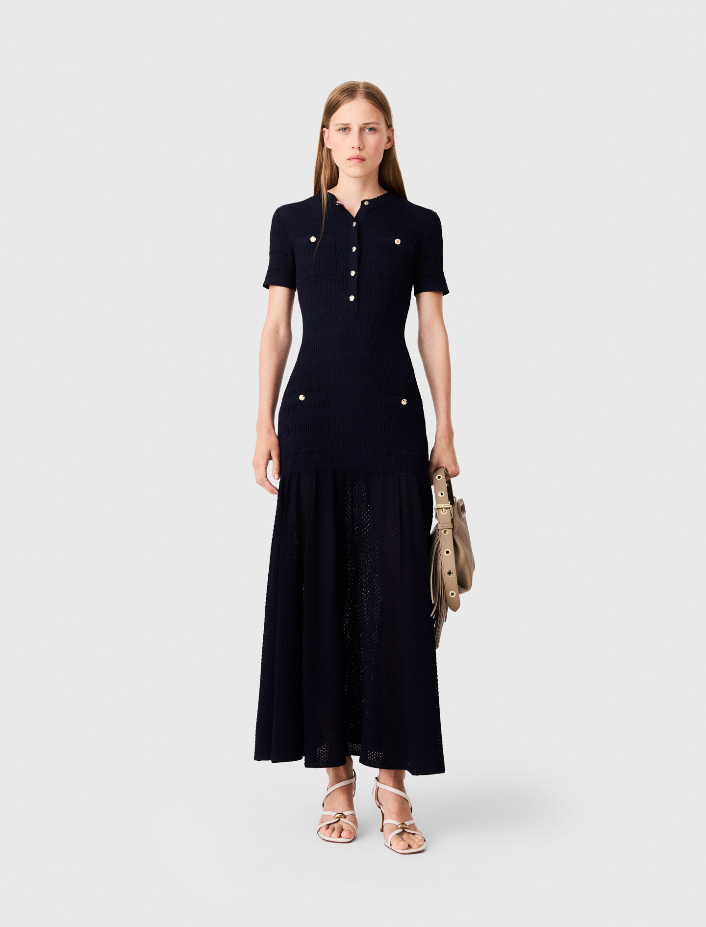 Robe Longue En Maille Pointelle - Bleu Marine - Taille 38 - Maje