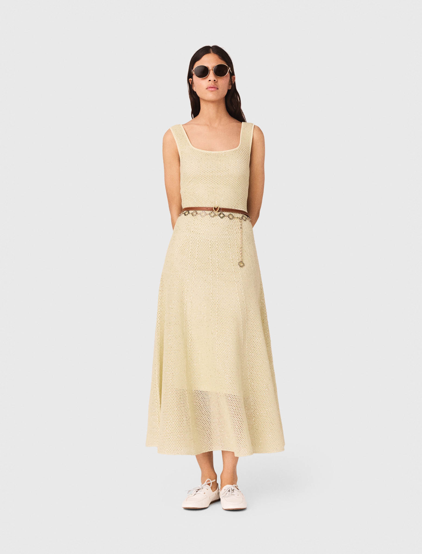 Robe Longue En Maille Strassée - Jaune - Taille 34 - Maje