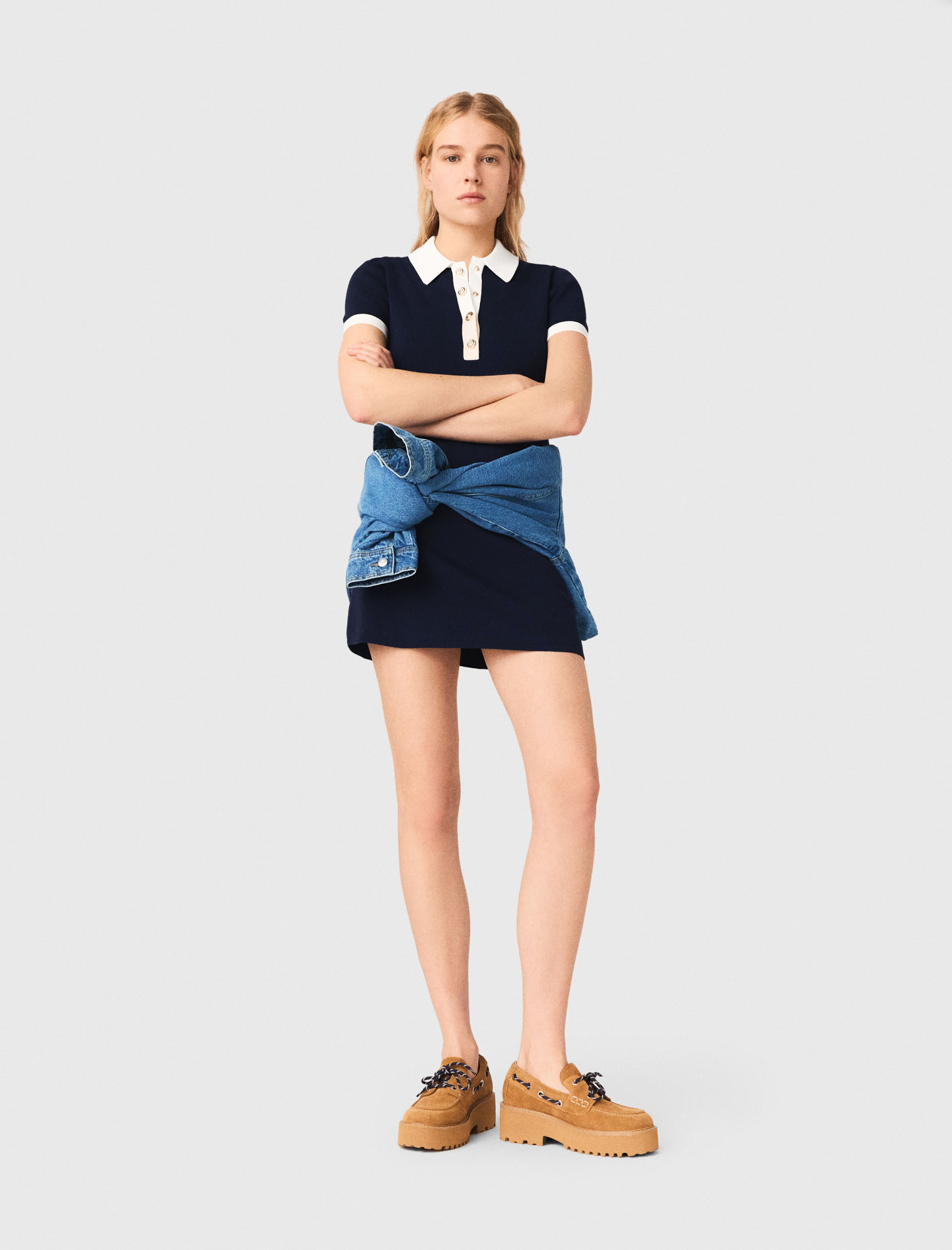 Robe Polo À Finitions Contrastés - Bleu Marine - Taille 40 - Maje