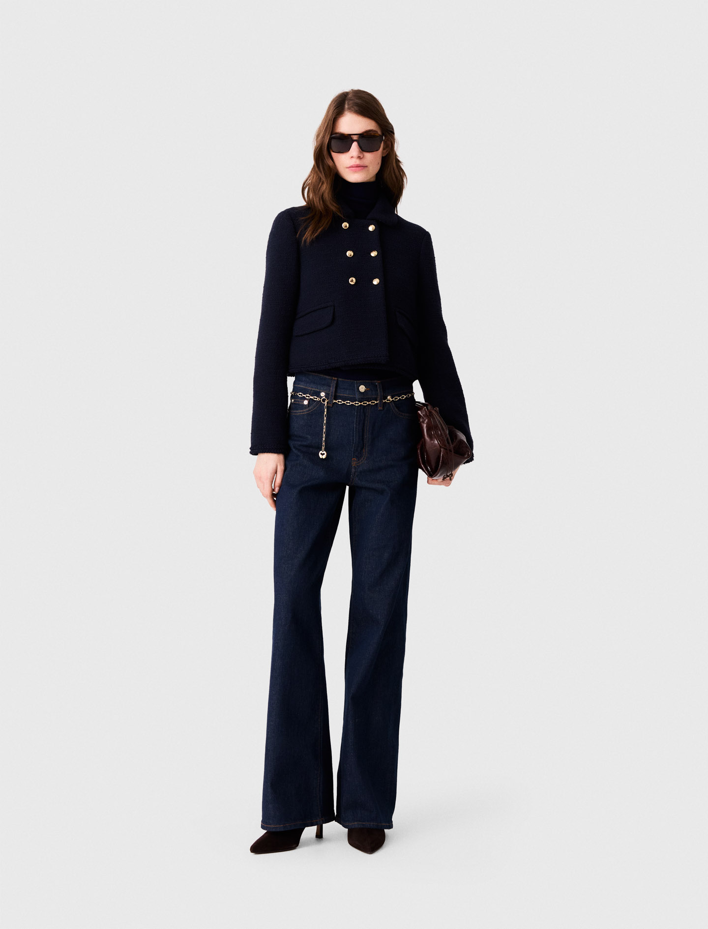 Veste Courte En Tweed - Bleu Marine - Taille 34 - Maje