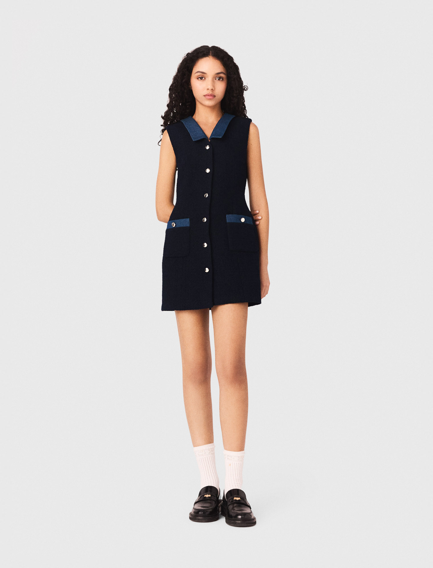 Robe En Tweed Et Détails Denim - Bleu Marine - Taille 42 - Maje