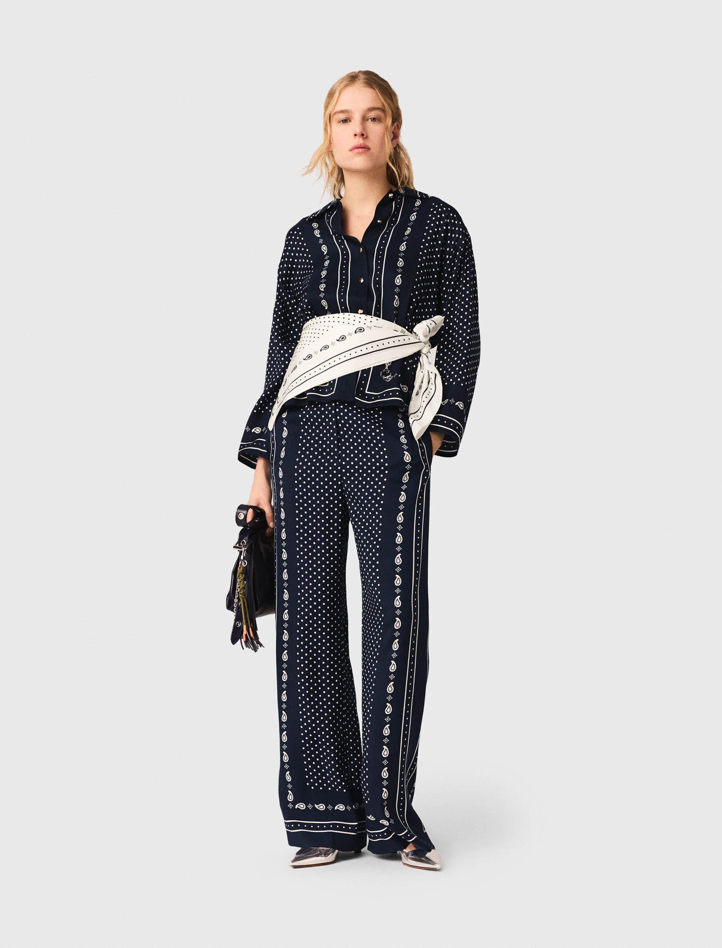 Pantalon Fluide Imprimé - Marine Pois Bandana Print - Taille 40 - Maje