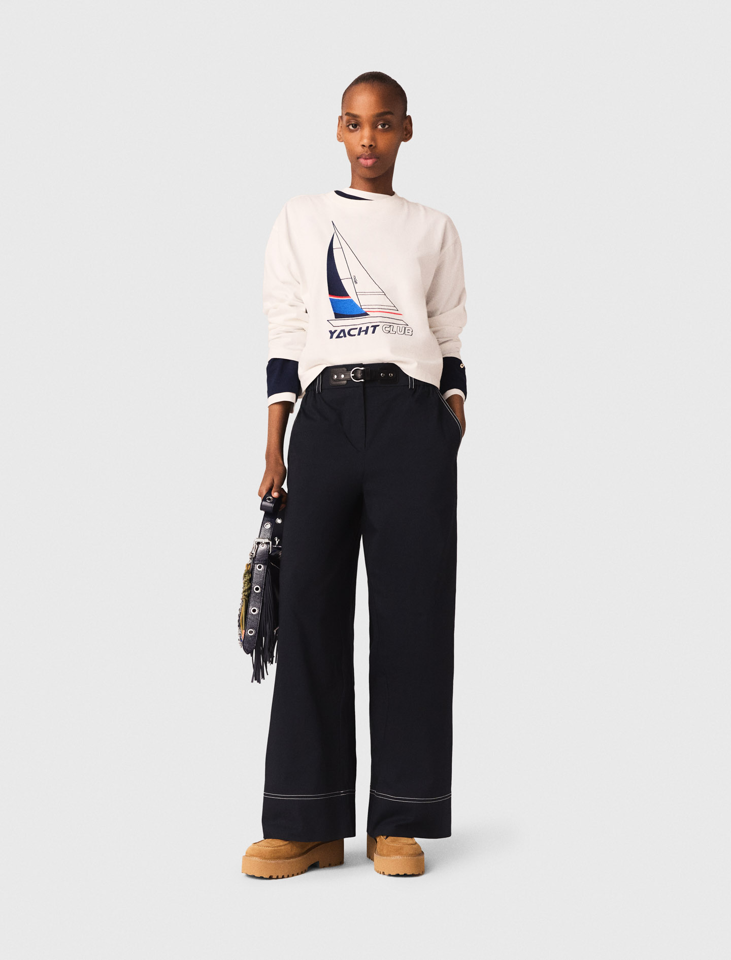 Pantalon En Coton À Ceinture Cuir - Bleu Marine - Taille 40 - Maje