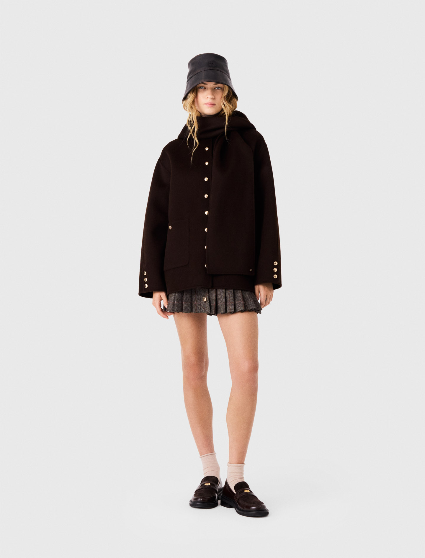 Manteau En Laine À Écharpe Amovible - Marron Fonce - Taille 34 - Maje