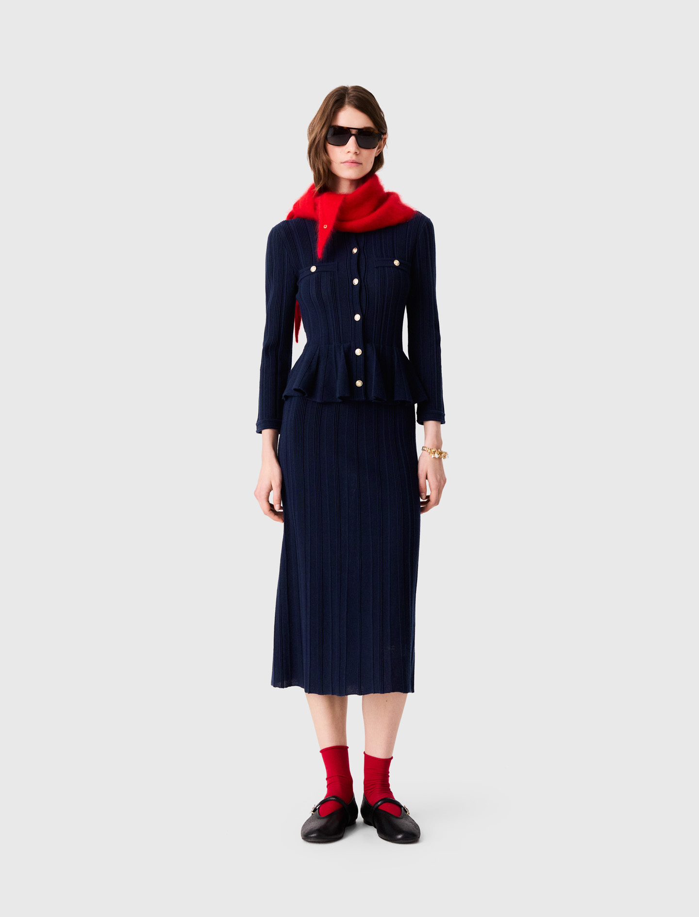 Robe En Maille À Taille Péplum - Bleu Marine - Taille 38 - Maje