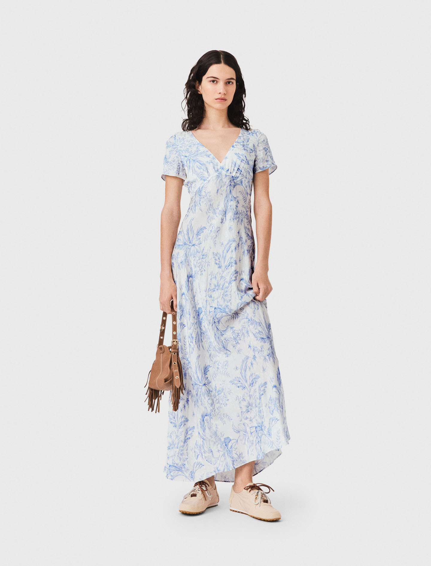 Robe Longue Fluide Imprimée - Bleu Ciel Grosses Fleurs Print - Taille 34 - Maje
