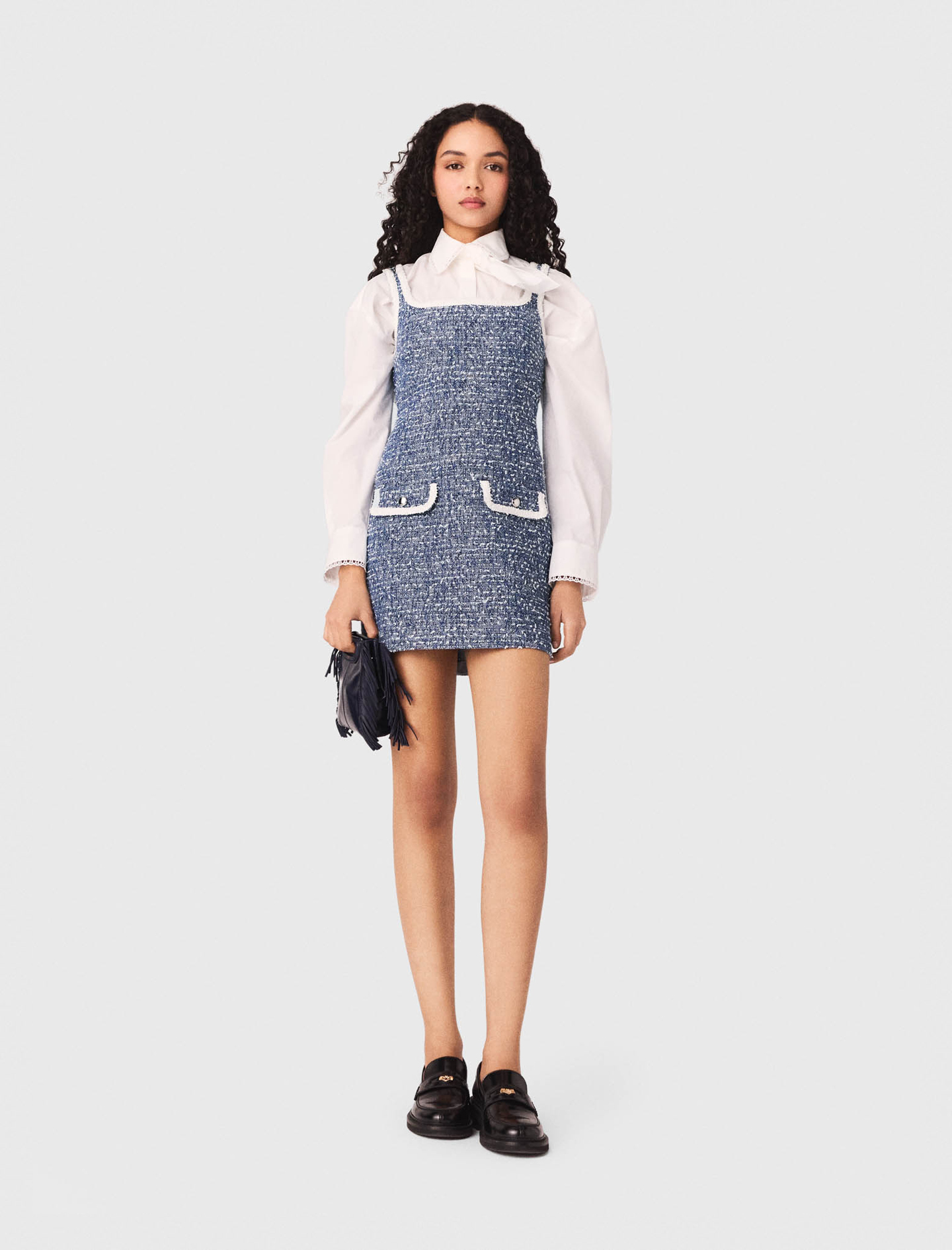 Robe Courte En Tweed - Bleu - Taille 42 - Maje