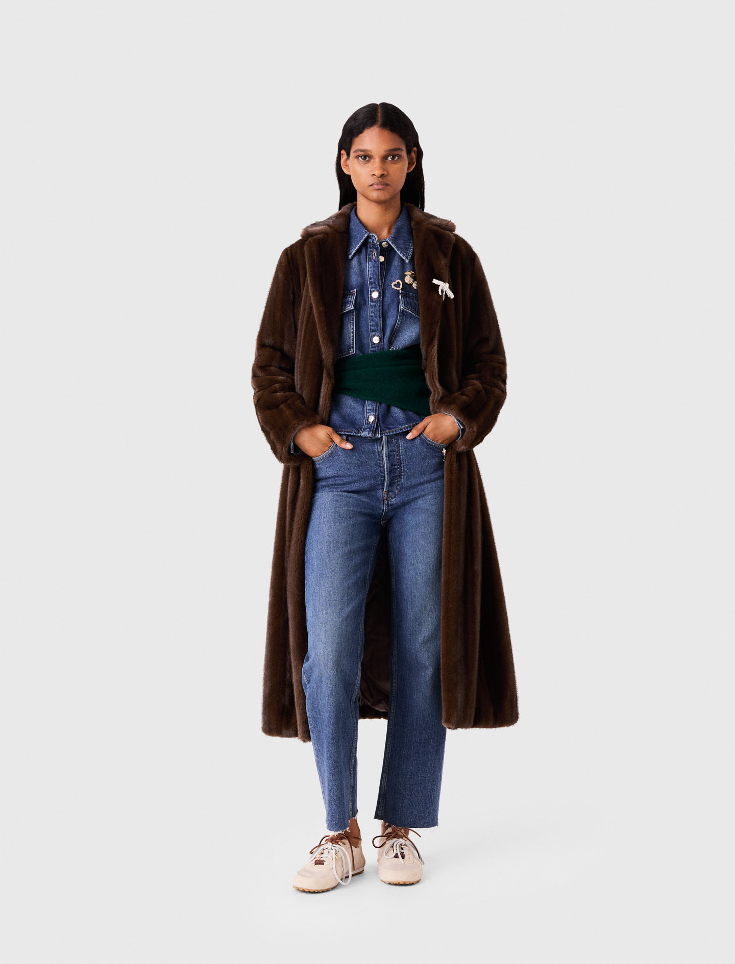 Manteau Long En Fausse Fourrure - Marron Fonce - Taille 36 - Maje
