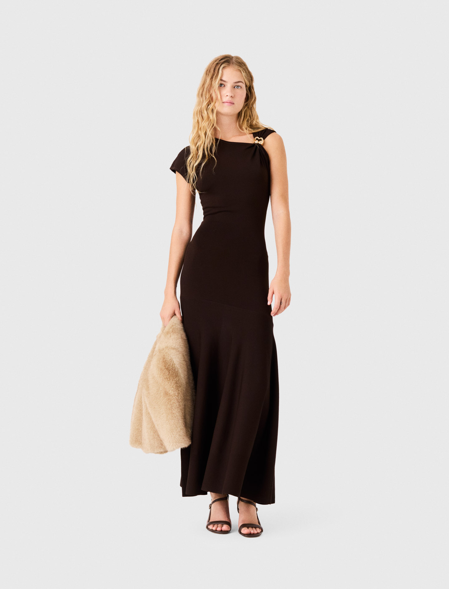 Robe Asymétrique En Jersey - Marron Fonce - Taille 42 - Maje