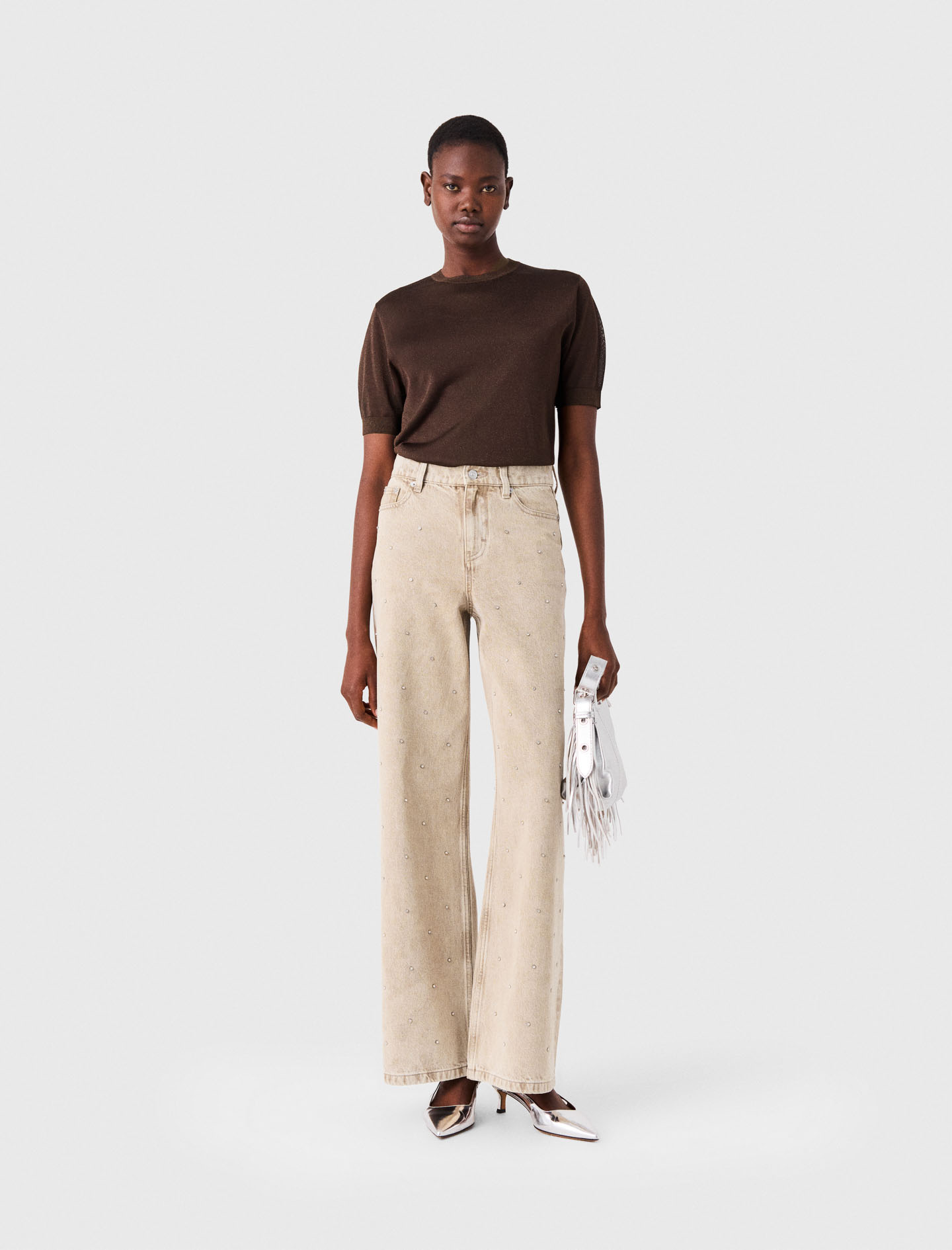 Jean Large Strassé - Beige - Taille 40 - Maje