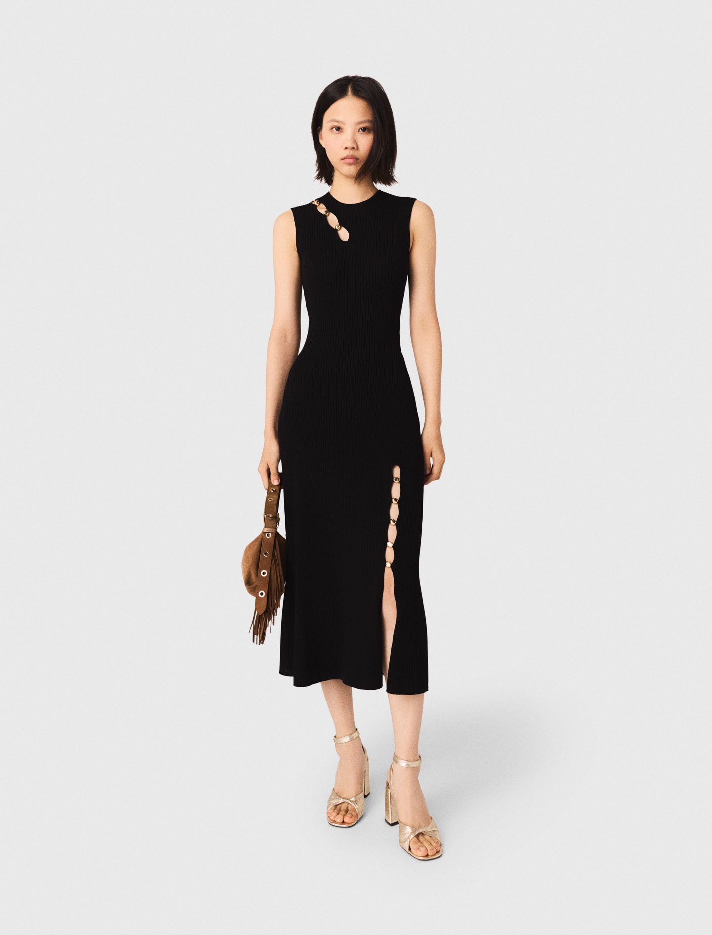 Robe Longue Cotelé Avec Ouvertures - Noir - Taille 42 - Maje