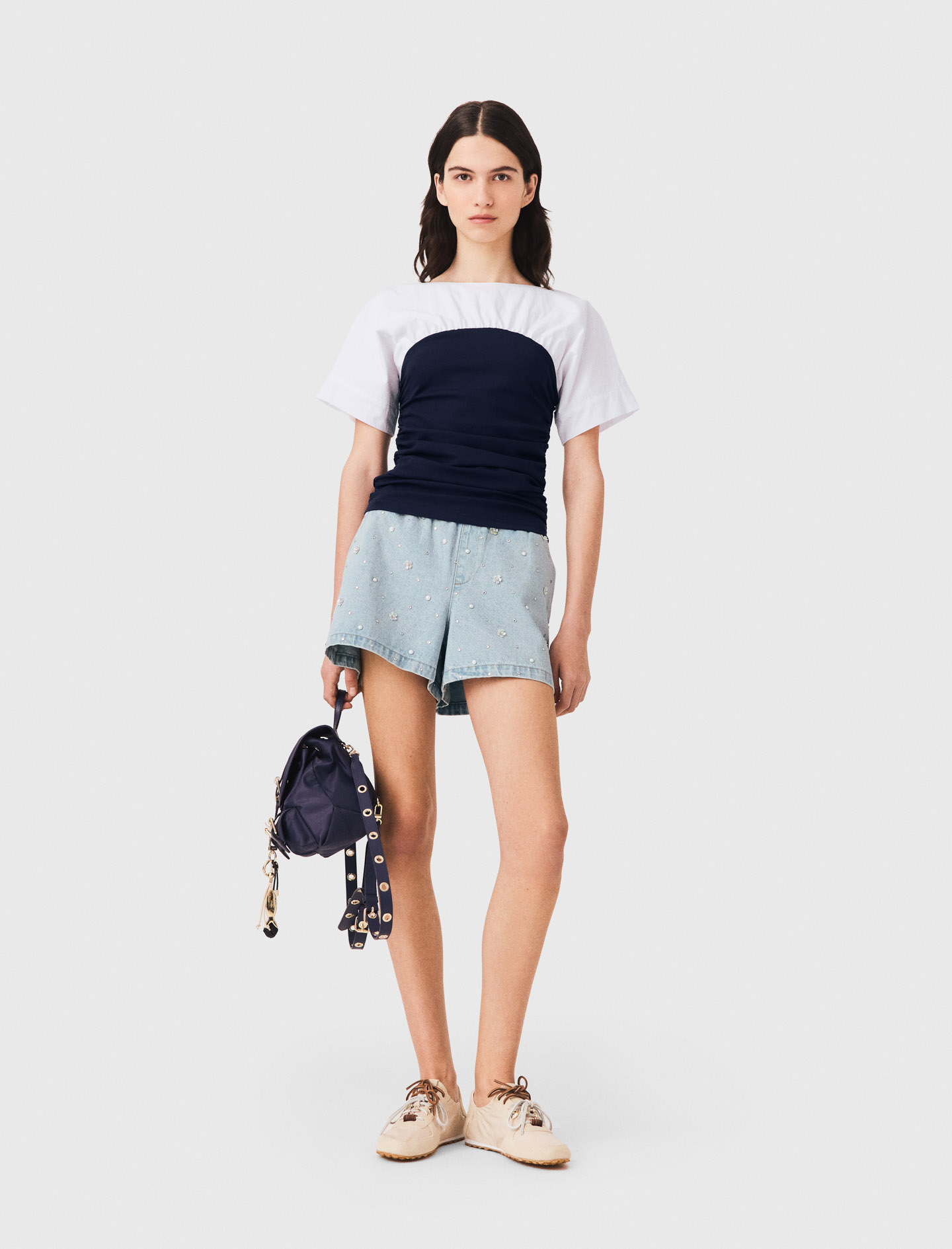 Top En Jersey Plissé - Blanc/marine - Taille 3 - Maje