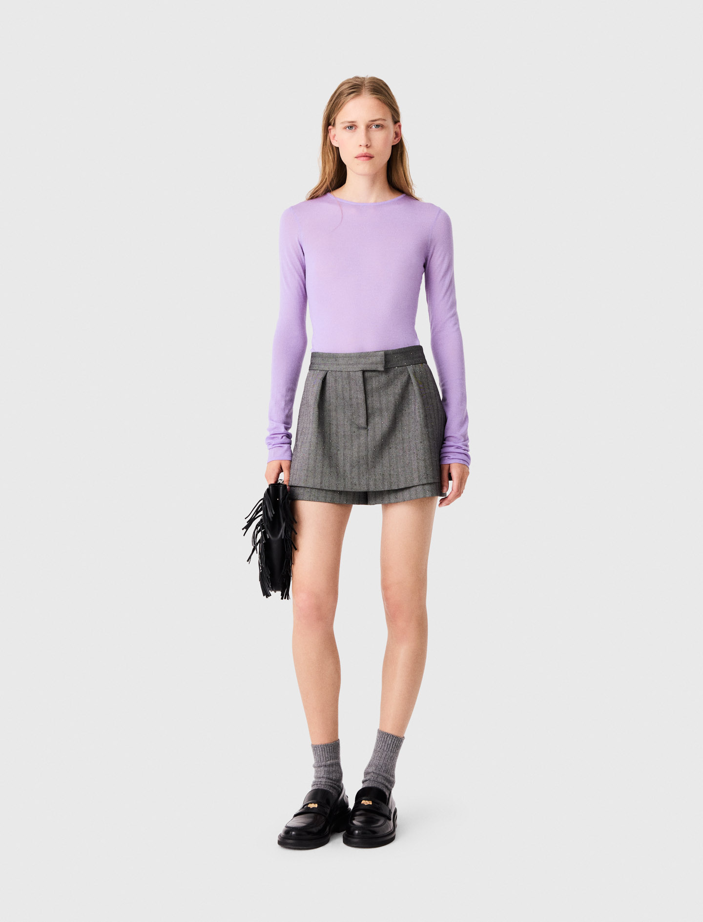 Short Trompe-l'œil Tailleur Strassé - Gris - Taille 36 - Maje
