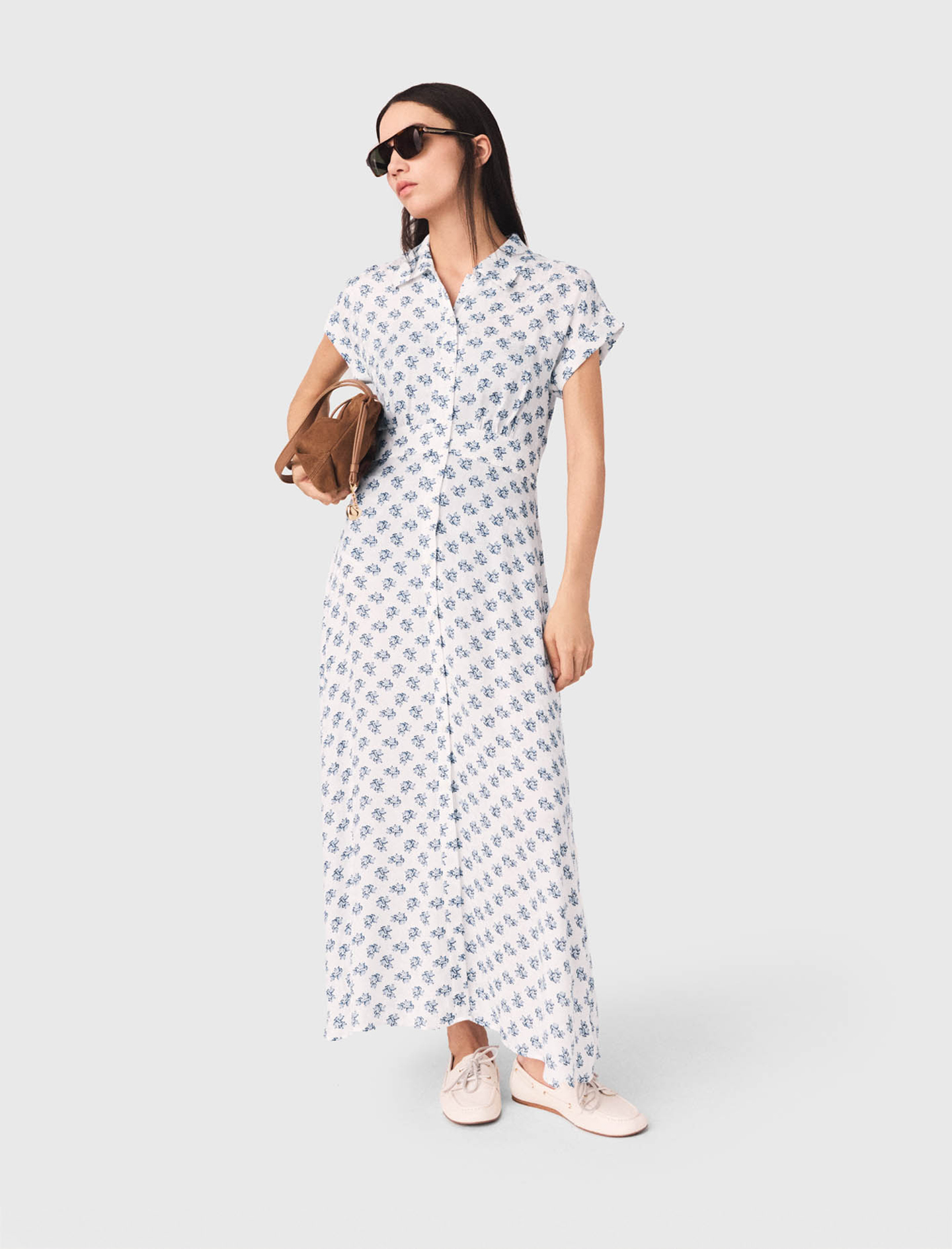 Robe Longue Imprimée Jacquard - Bleu Petites Fleurs Print - Taille 34 - Maje