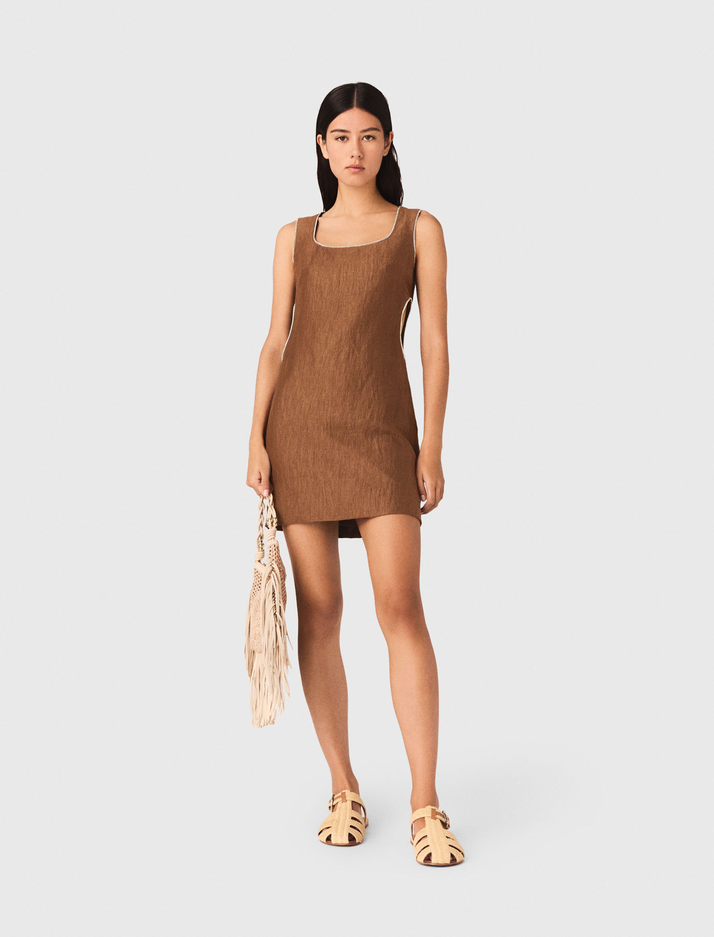 Robe Courte En Lin Mélangé - Marron - Taille 38 - Maje
