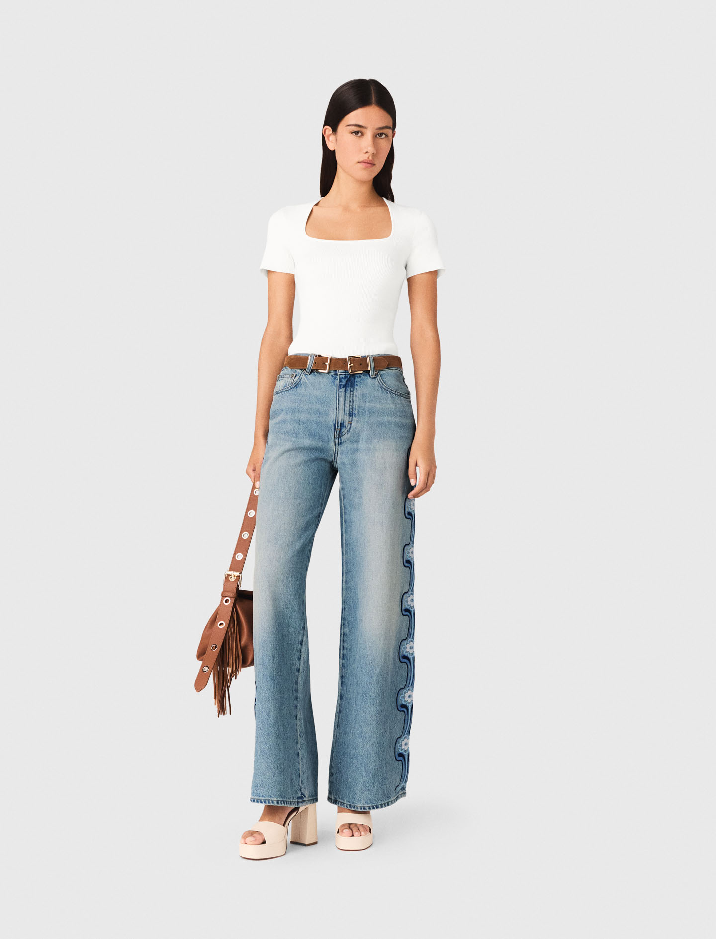 Jean Large Avec Broderie Florale - Bleu - Taille 42 - Maje