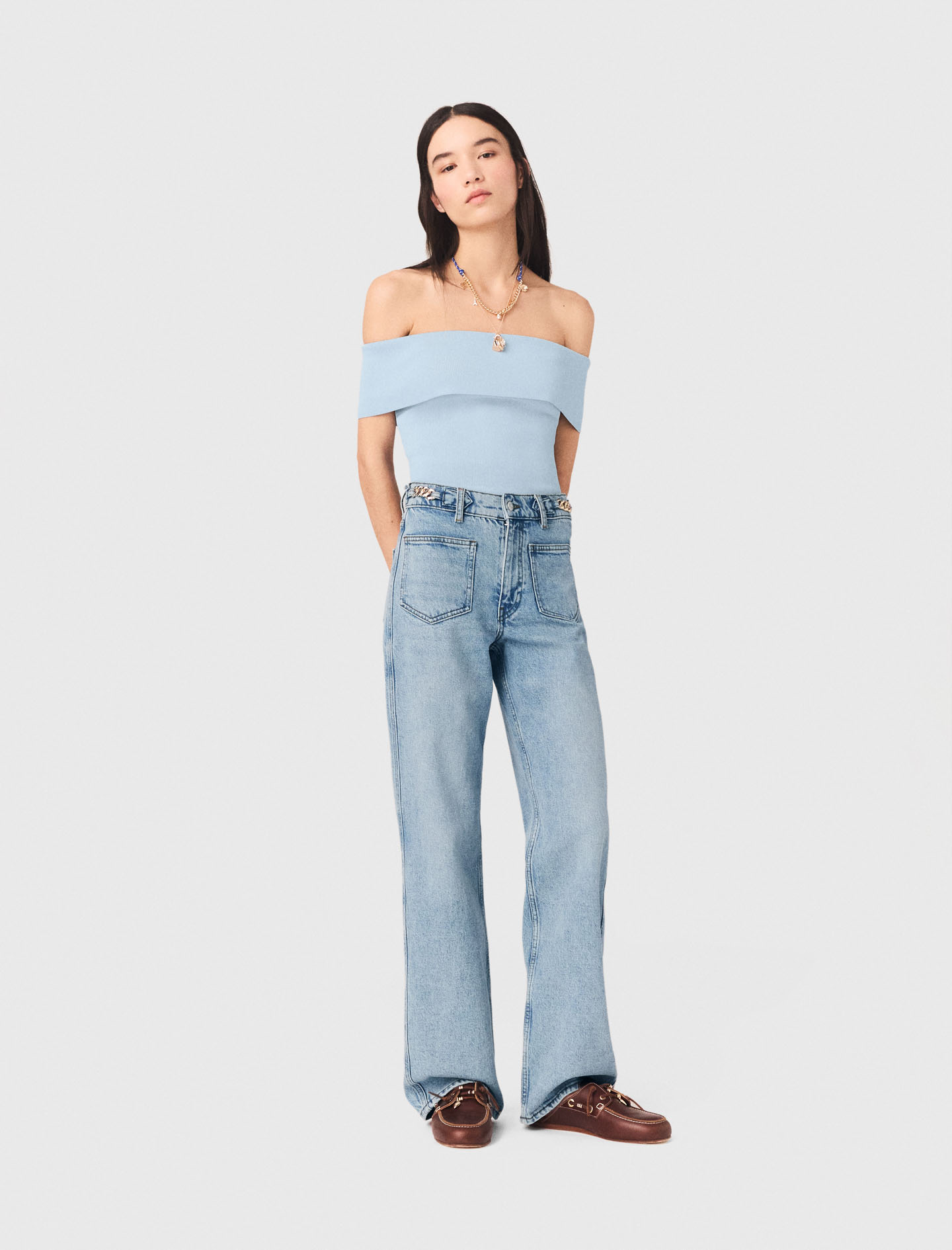 Top Col Bardot En Maille Cotelée - Bleu - Taille 0 - Maje