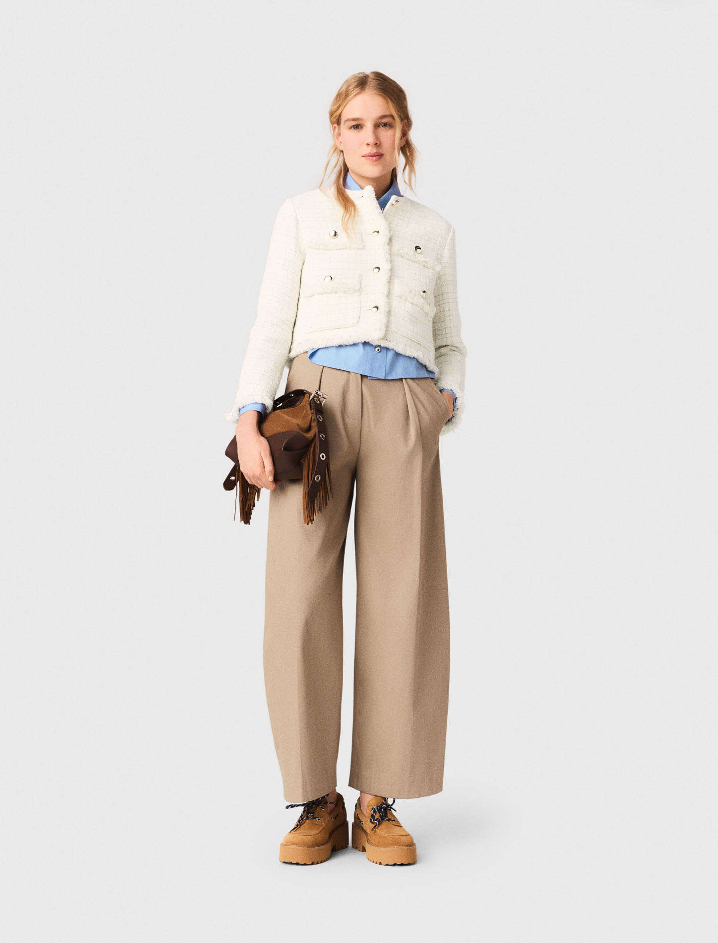 Veste Courte En Tweed - Blanc - Taille 38 - Maje