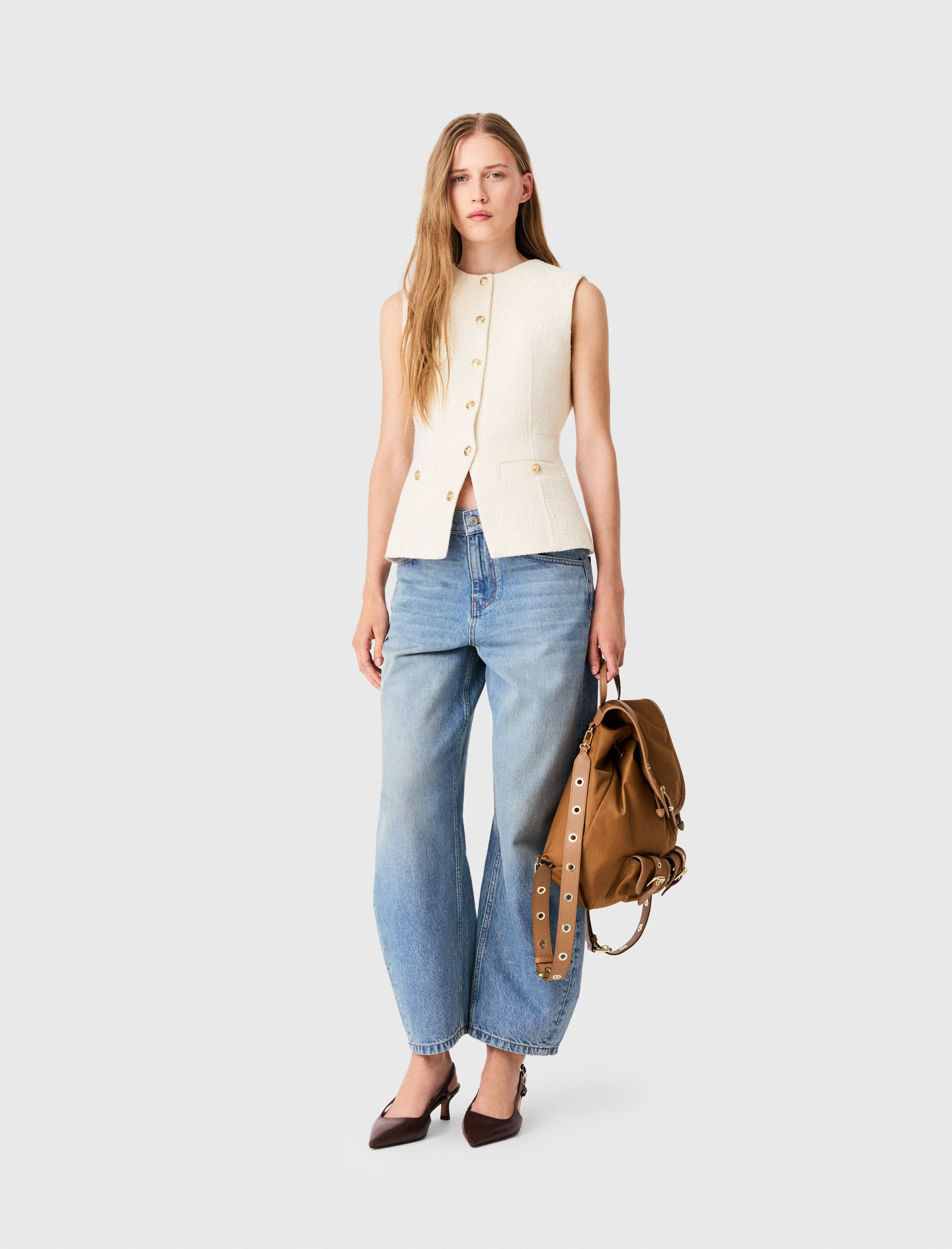 Veston Long En Tweed - Blanc - Taille 40 - Maje