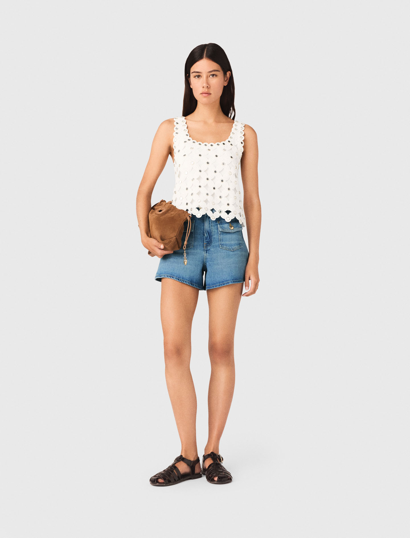 Top En Crochet Avec Miroirs - Blanc - Taille 0 - Maje