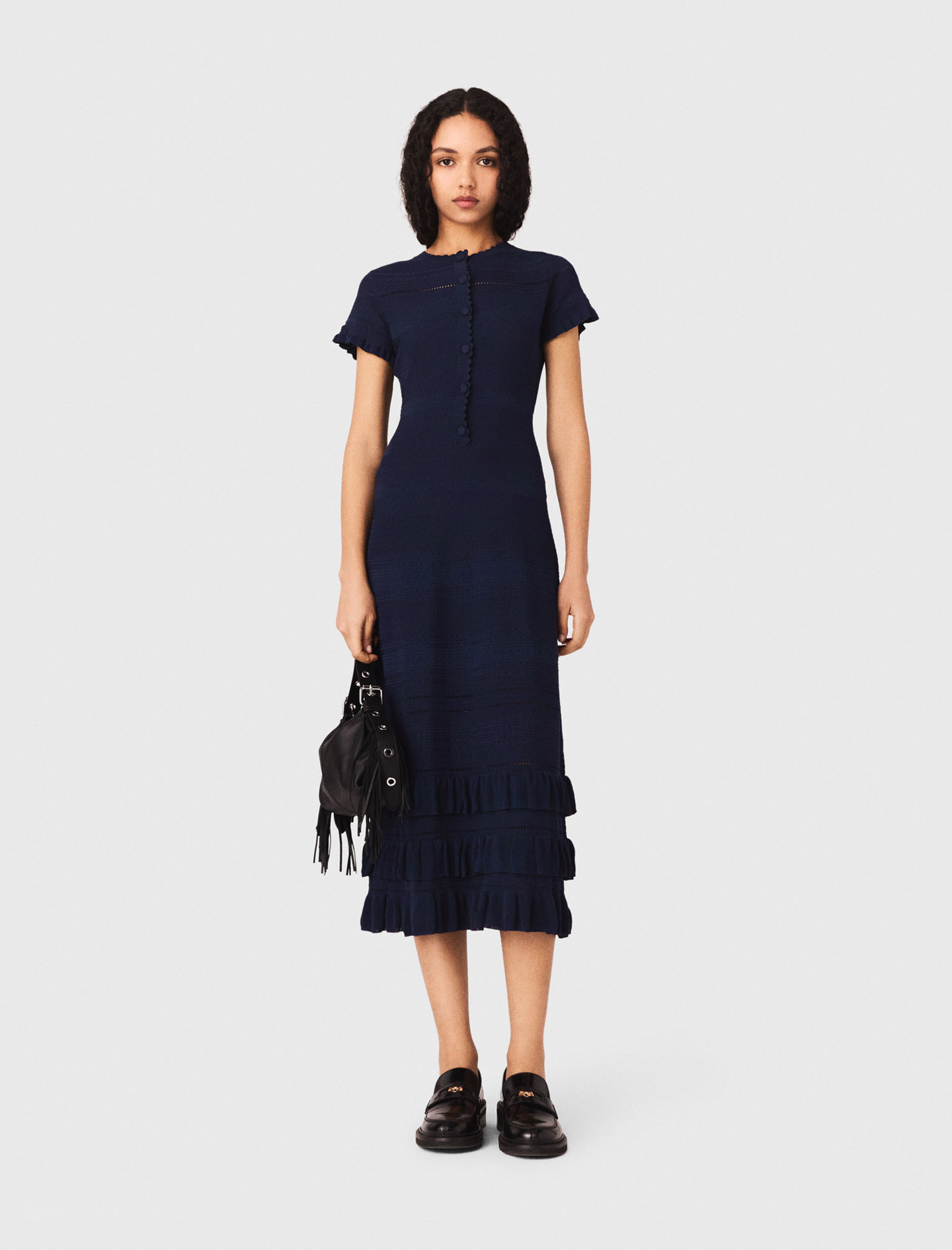 Robe Longue En Maille Avec Volants - Bleu Marine - Taille 36 - Maje