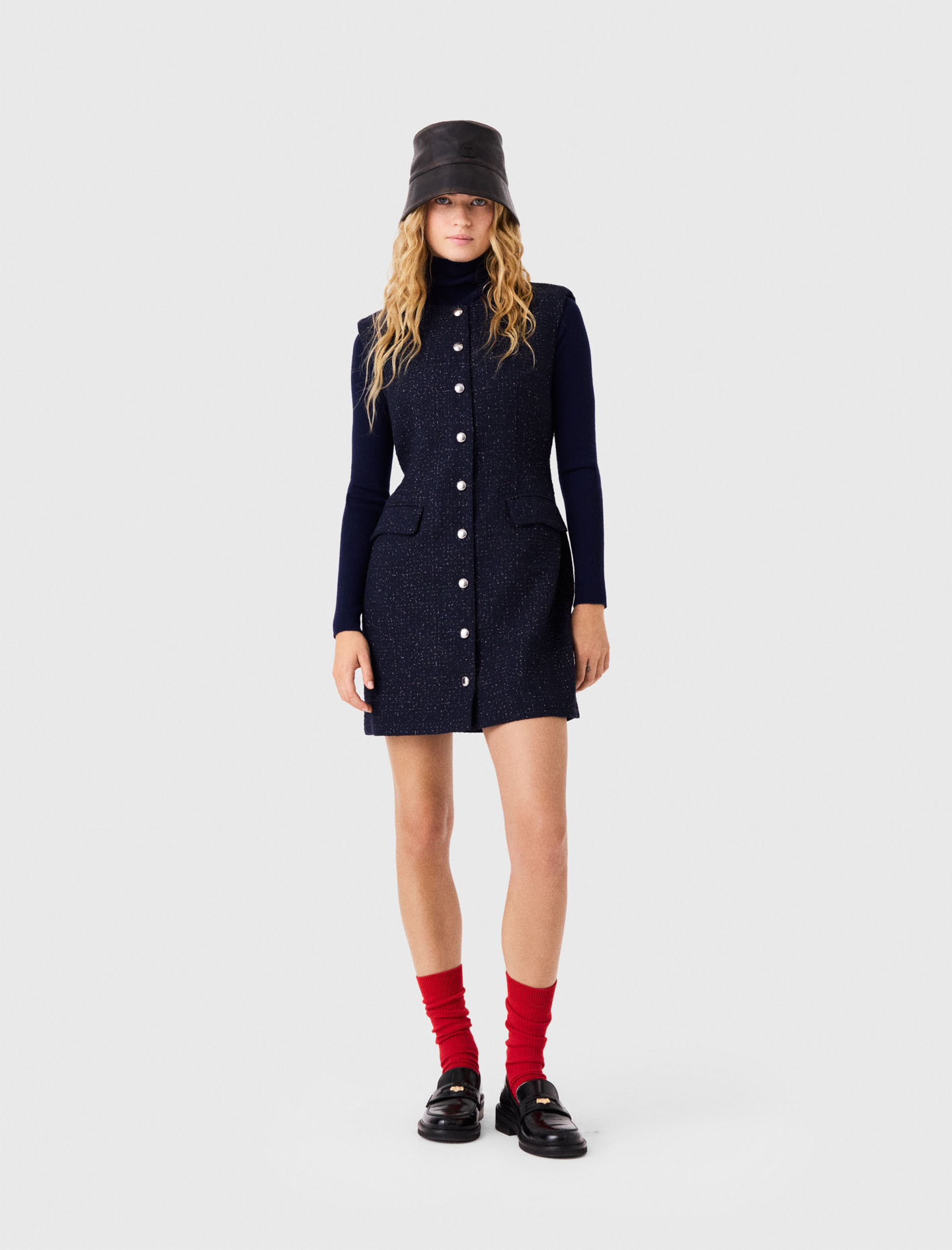 Robe Courte En Tweed Avec Fil Lurex - Bleu Marine - Taille 42 - Maje