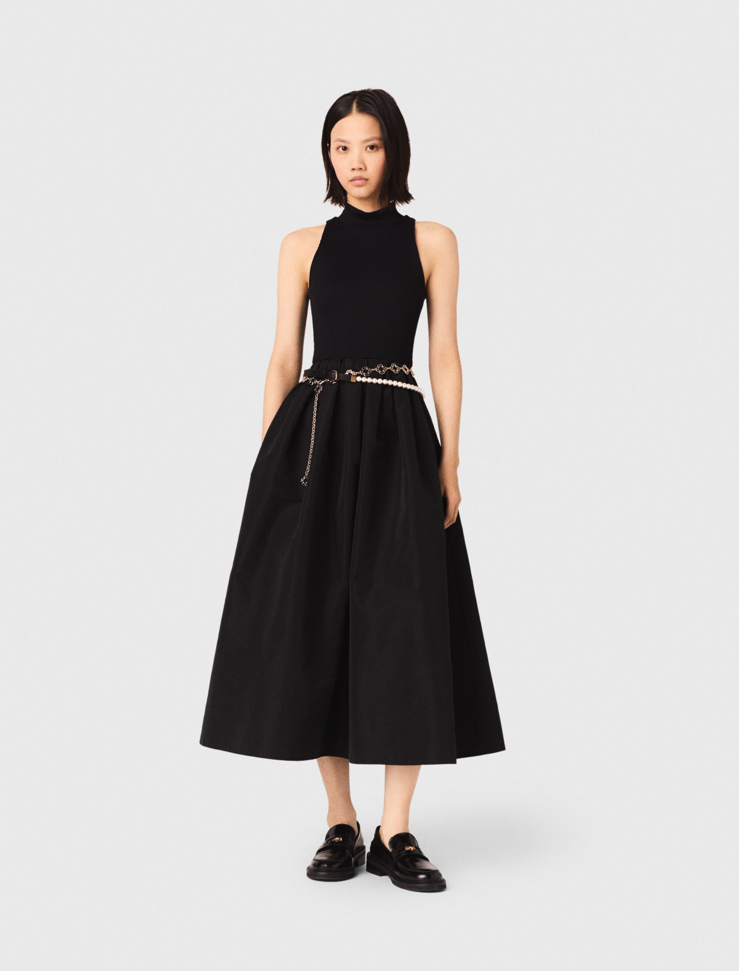 Robe Bi-matière En Taffetas - Noir - Taille 36 - Maje