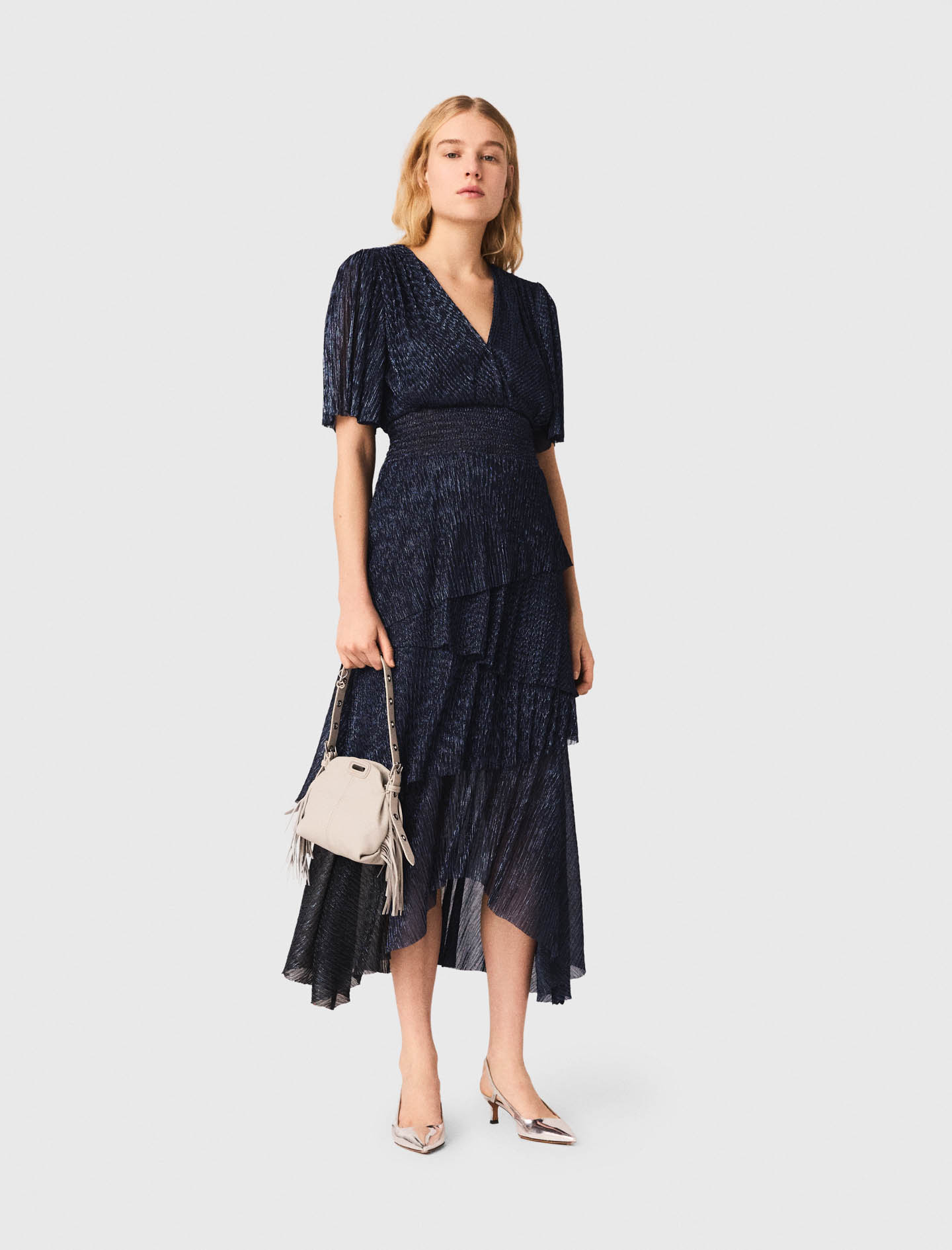 Robe Mi-longue À Volants Métalisée - Bleu Marine - Taille 40 - Maje